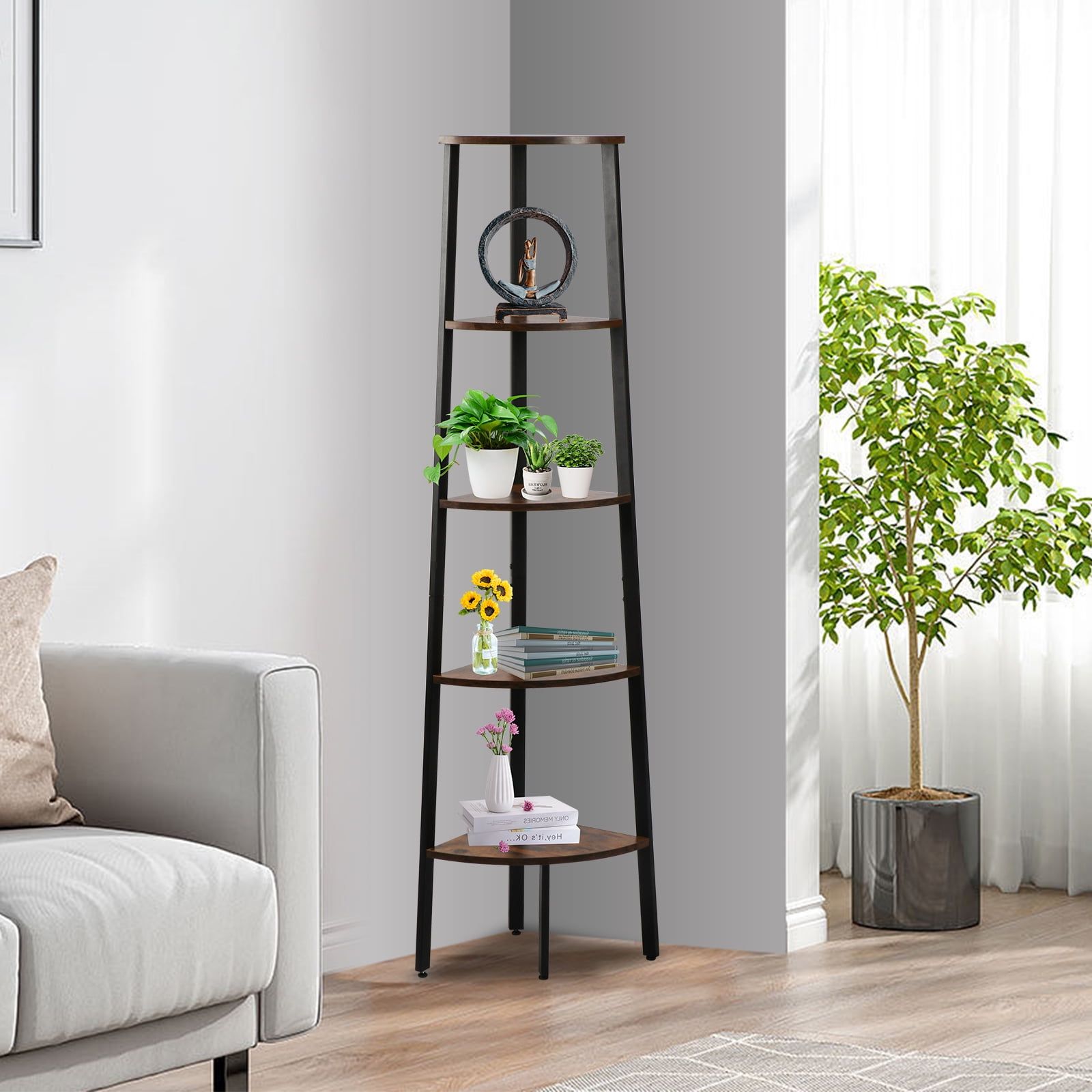 Rustic Brown 5-Tier Corner Ladder Bookcase with Metal Frame