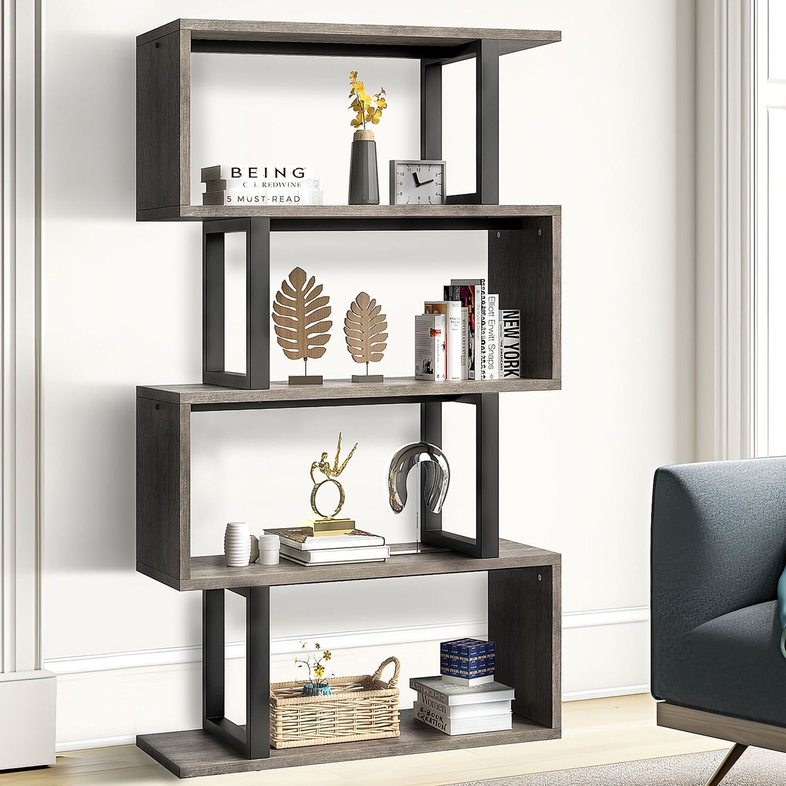 Gray and Black S-Shaped 5-Tier Industrial Bookshelf