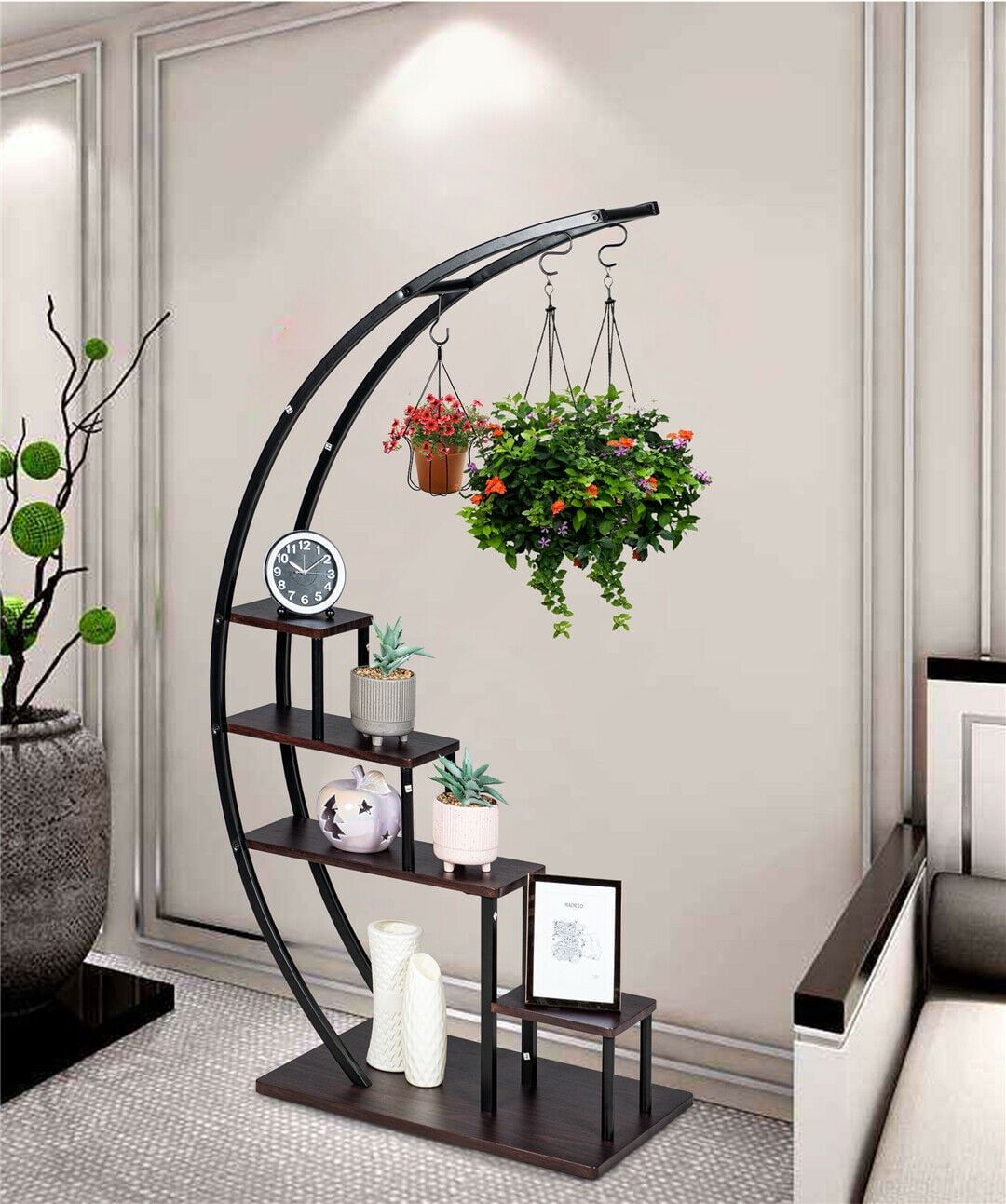 Black Semicircular 5-Tier Metal and Wood Plant Stand