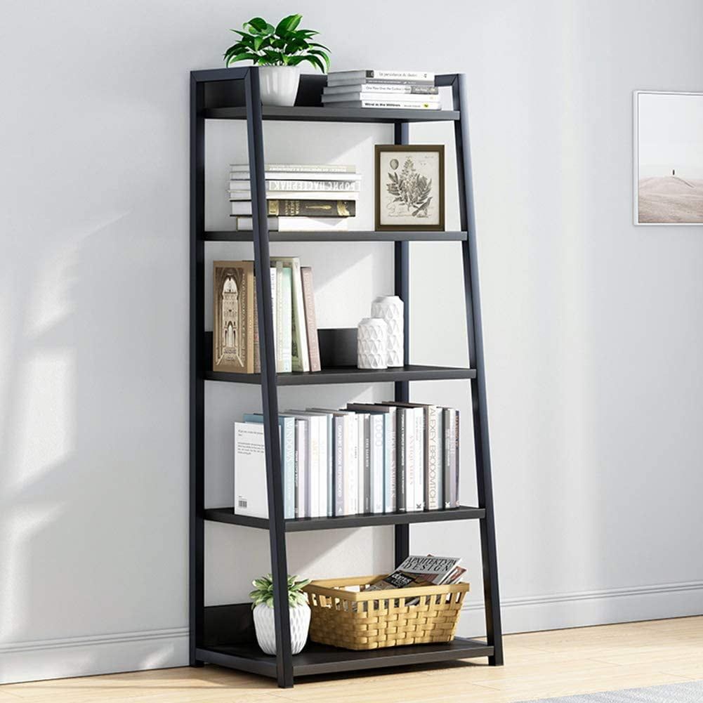 Black 5-Tier Steel and Wood Ladder Bookshelf