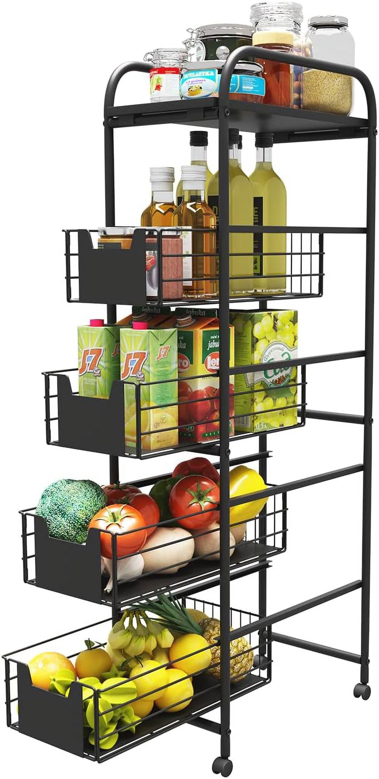 Black Metal 5-Tier Slim Rolling Cart with Swivel Wheels