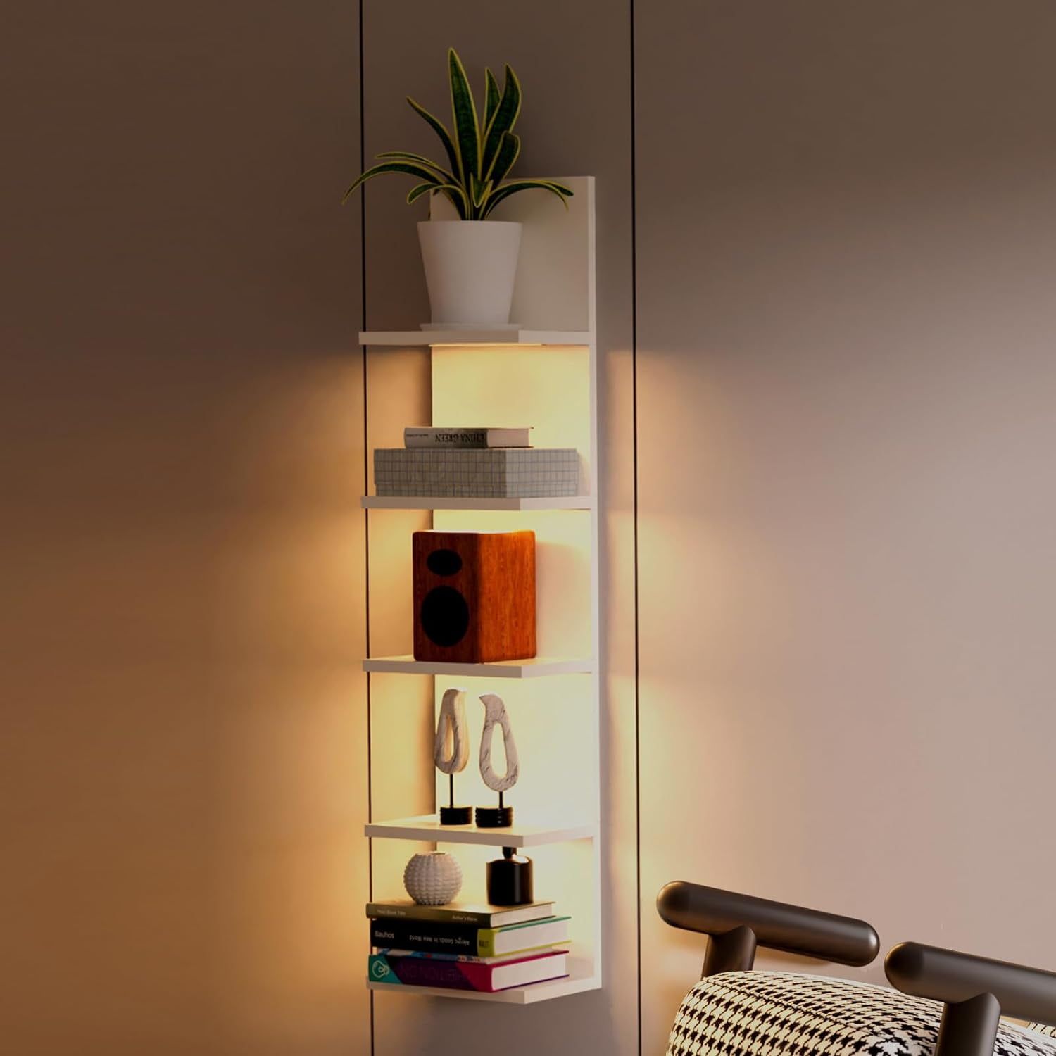 White 5-Tier Wall Shelf with LED Light