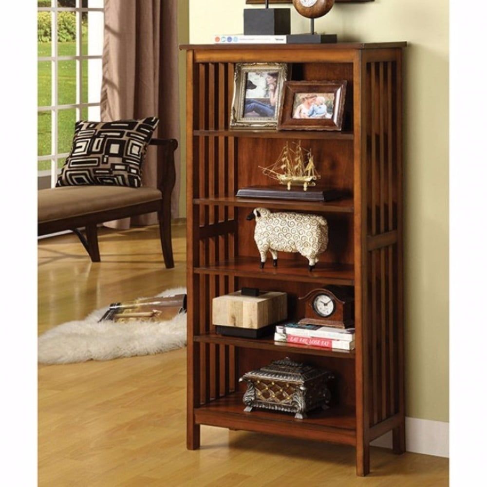 Transitional Oak Brown Solid Wood 5-Tier Media Shelf with Slatted Panels