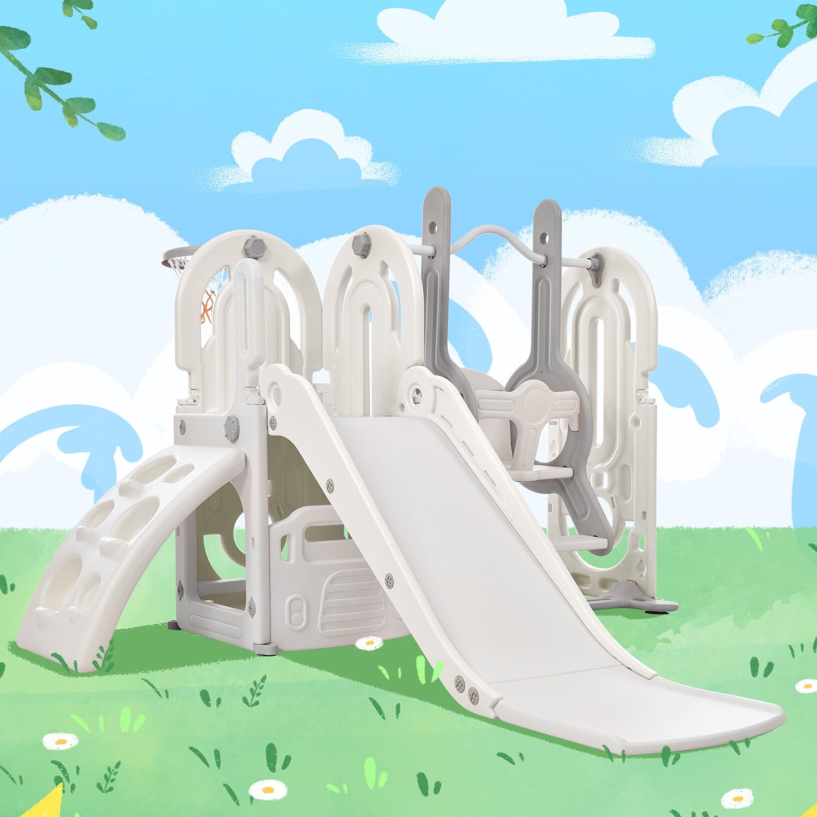 Gray 5-in-1 Indoor Toddler Slide and Swing Set