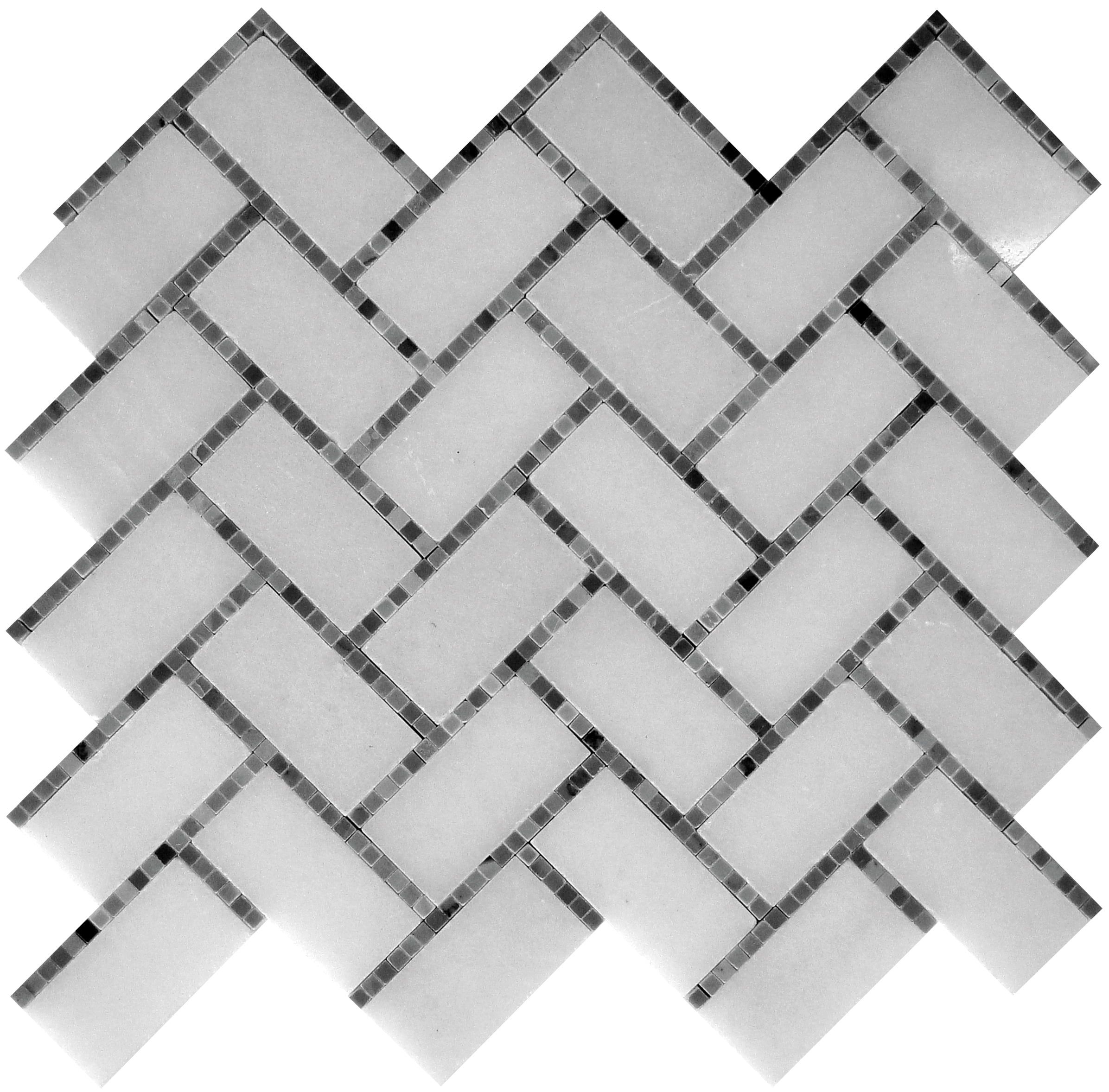 White and Gray Polished Herringbone Marble Mosaic Tile