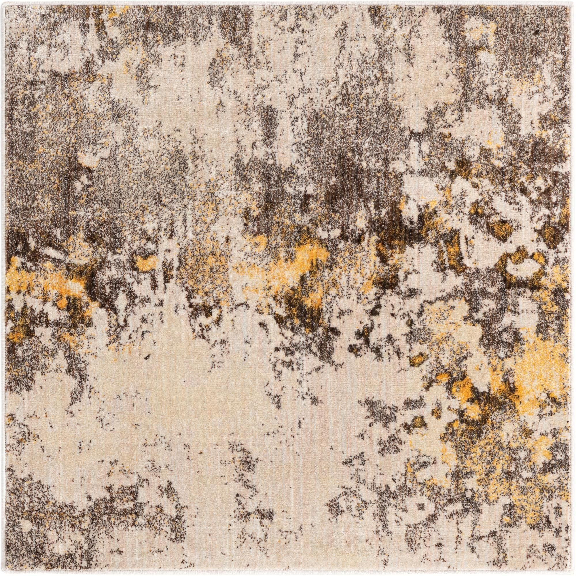 5' Square Ivory Beige Abstract Stain-Resistant Area Rug