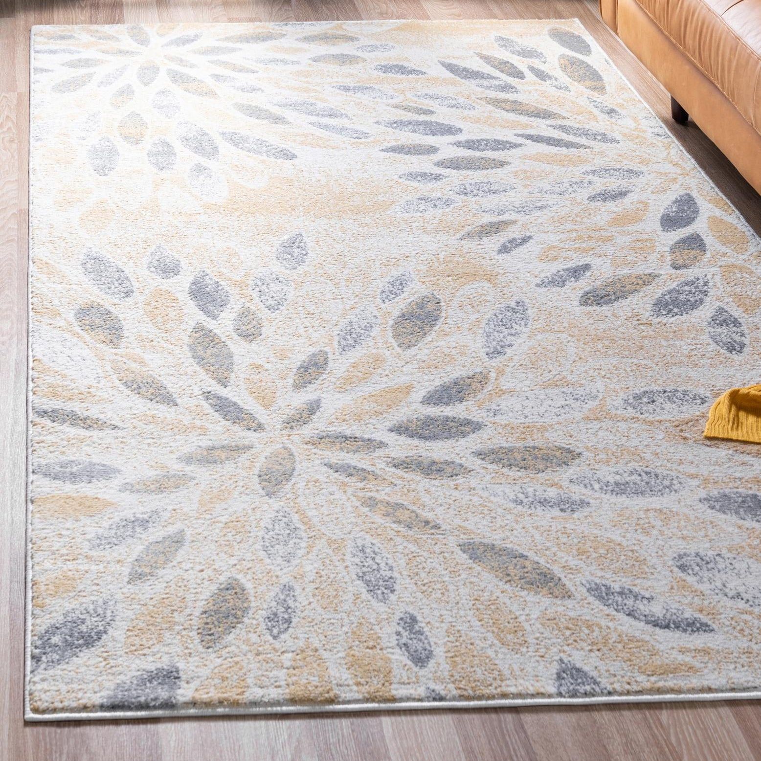 Yellow and Gray Rectangular Synthetic Easy Care Area Rug