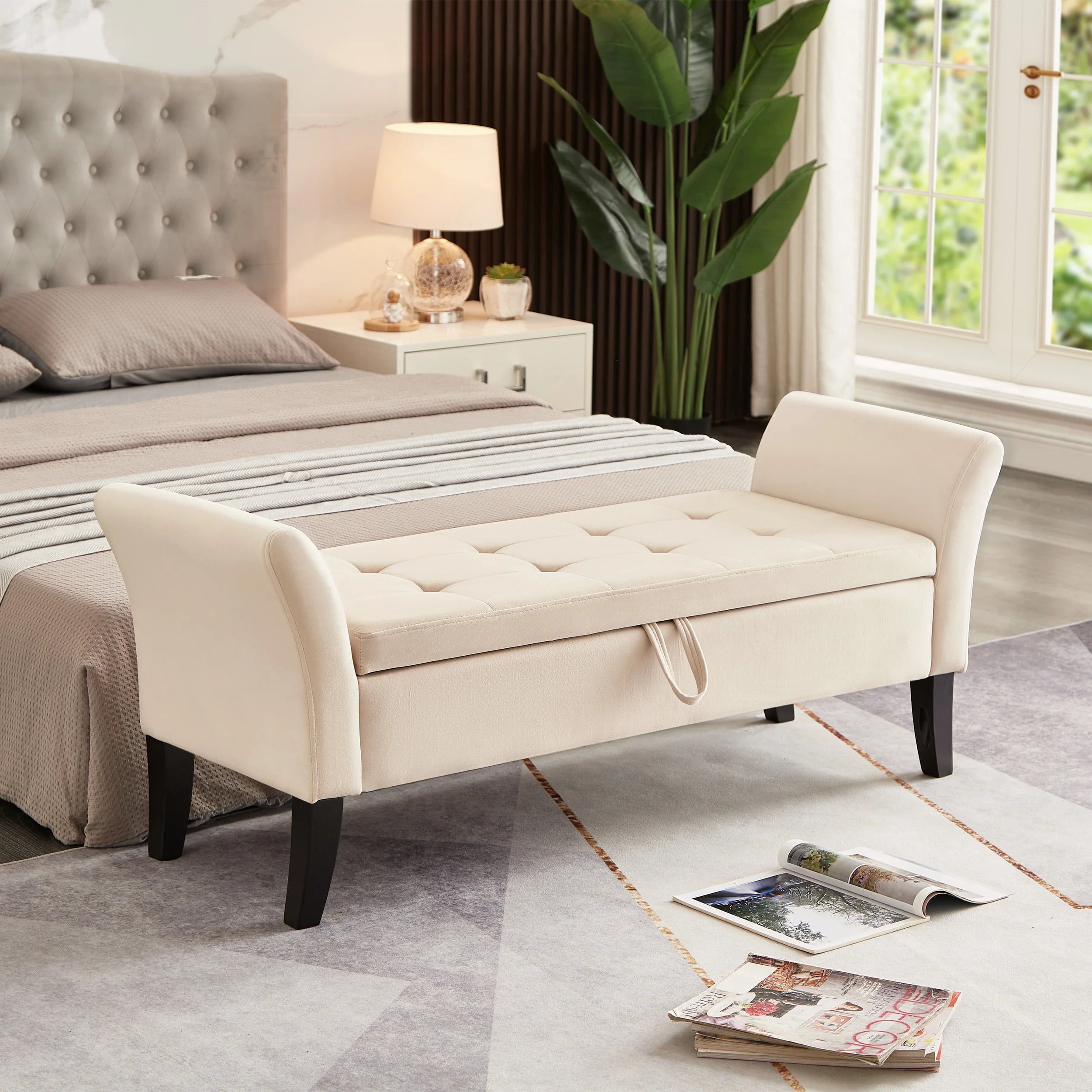 Beige Velvet 51.5" Storage Bed Bench with Curved Design