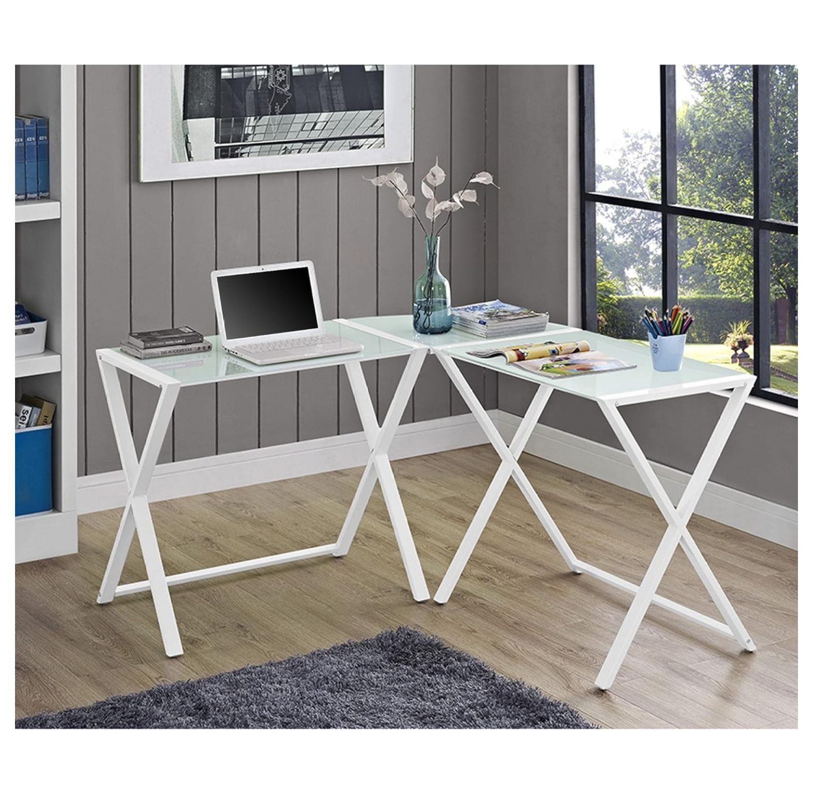 51'' White Glass Corner Computer Desk with Keyboard Tray