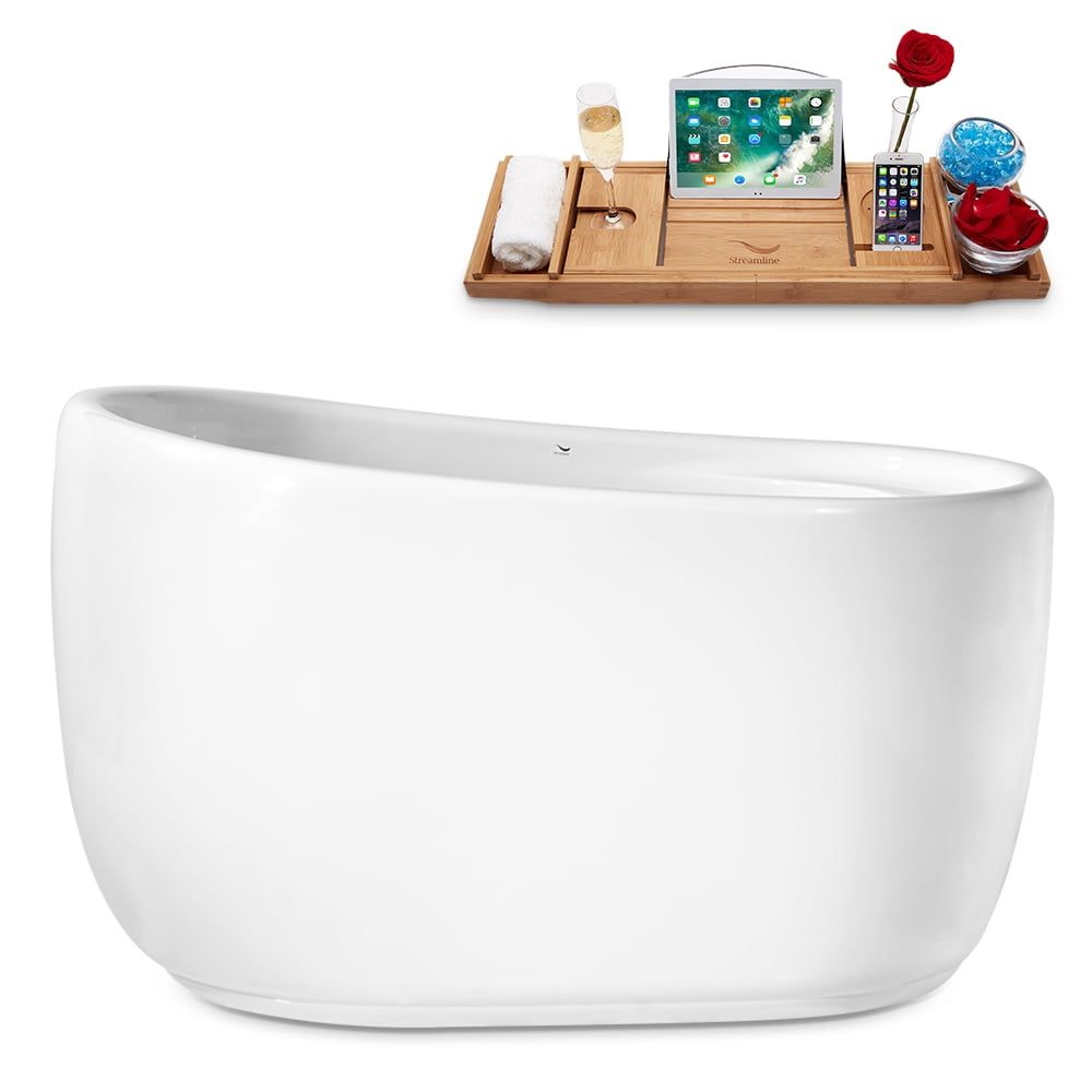 51" Glossy White Acrylic Freestanding Soaking Bathtub with Bamboo Tray