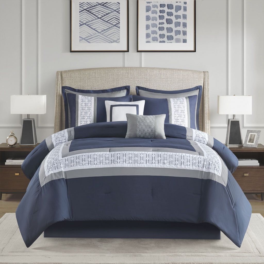 King Navy Microfiber 8-Piece Embroidered Comforter Set