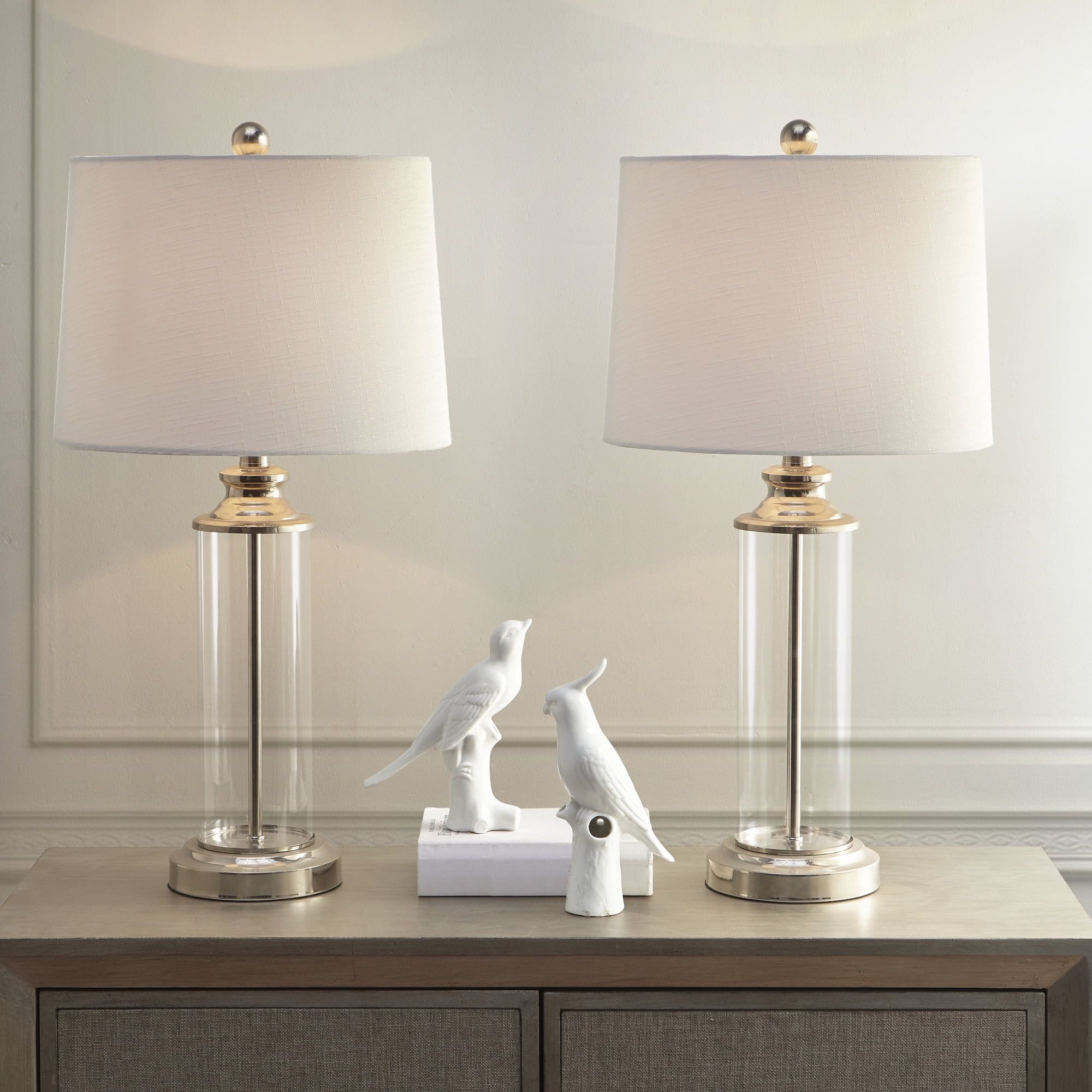 Clarity Silver Glass Cylinder Table Lamp Set with White Drum Shades