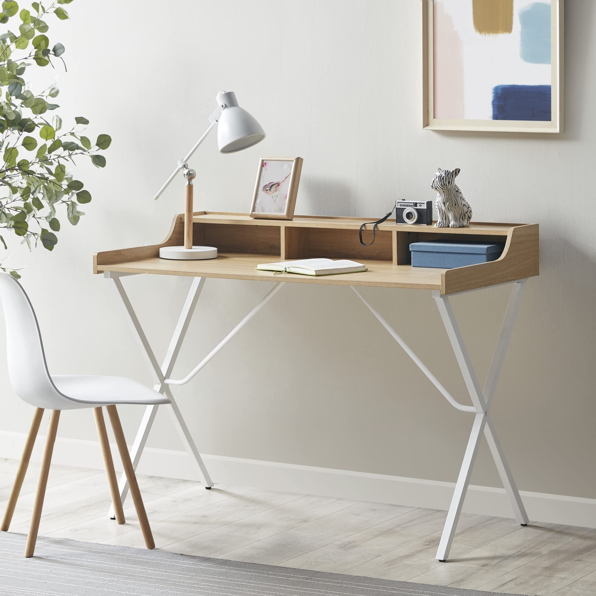 Blonde Wood and White Metal Writing Desk with Storage