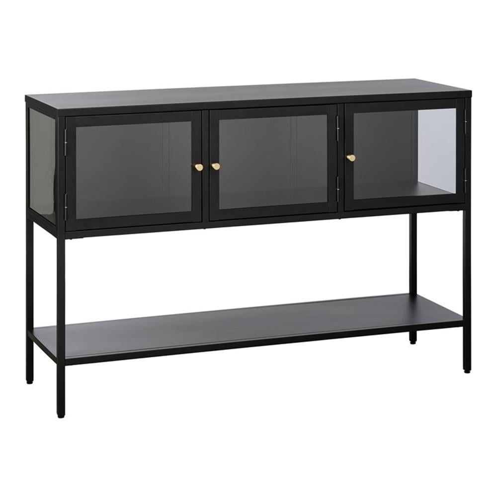 52-Inch Black Metal and Glass Sideboard with Brass Knobs