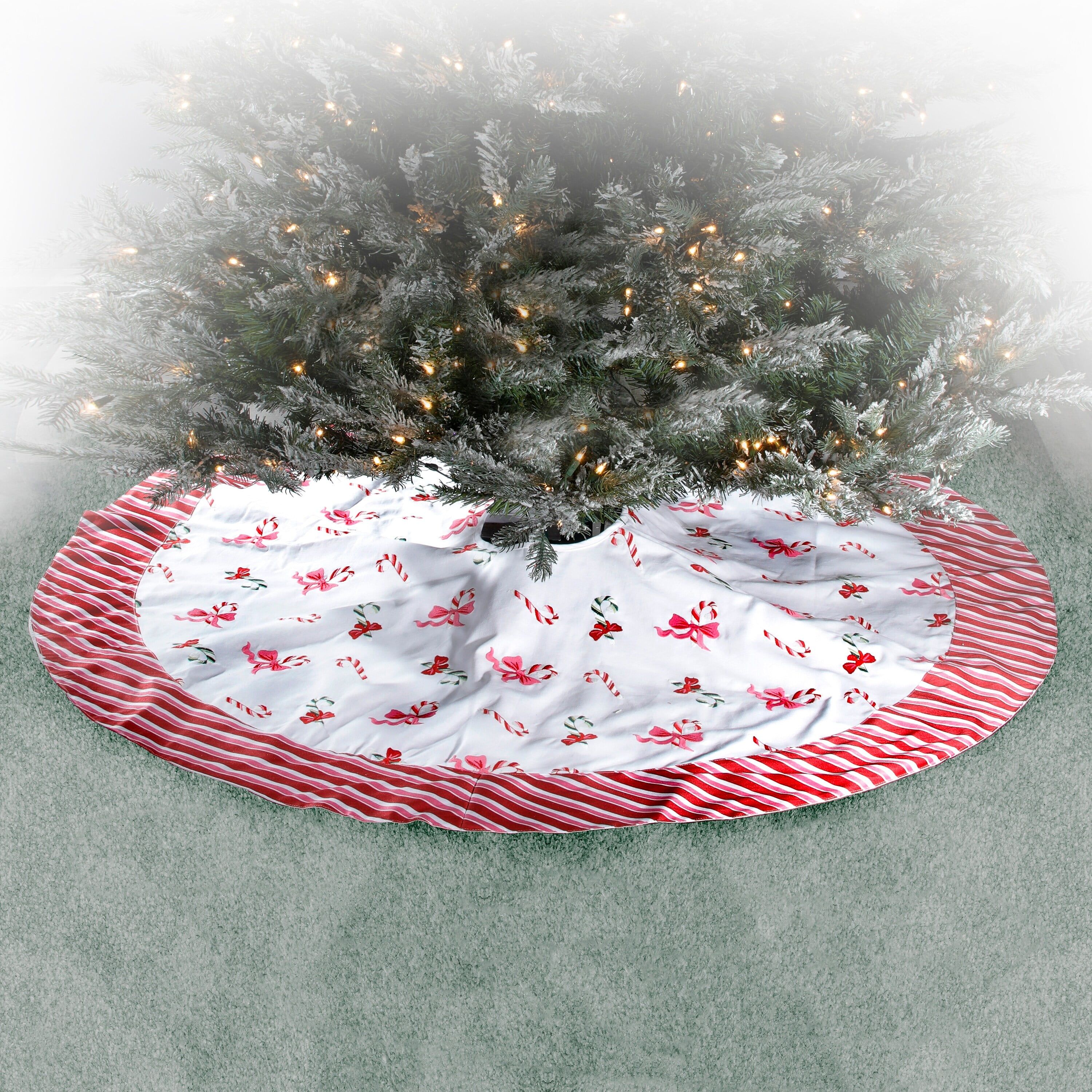 54" White Cotton Embroidered Candy Cane Tree Skirt