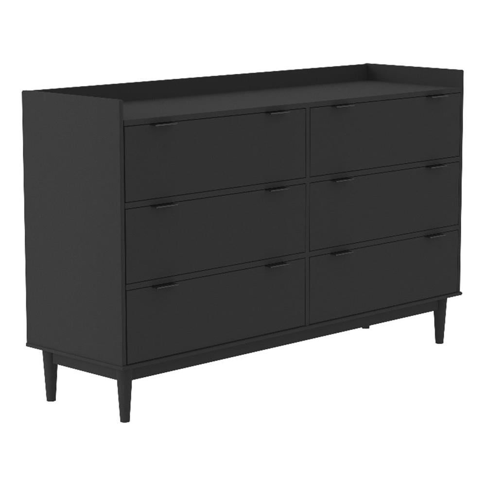 55.1" Black Solid Wood Mid-Century 6-Drawer Dresser