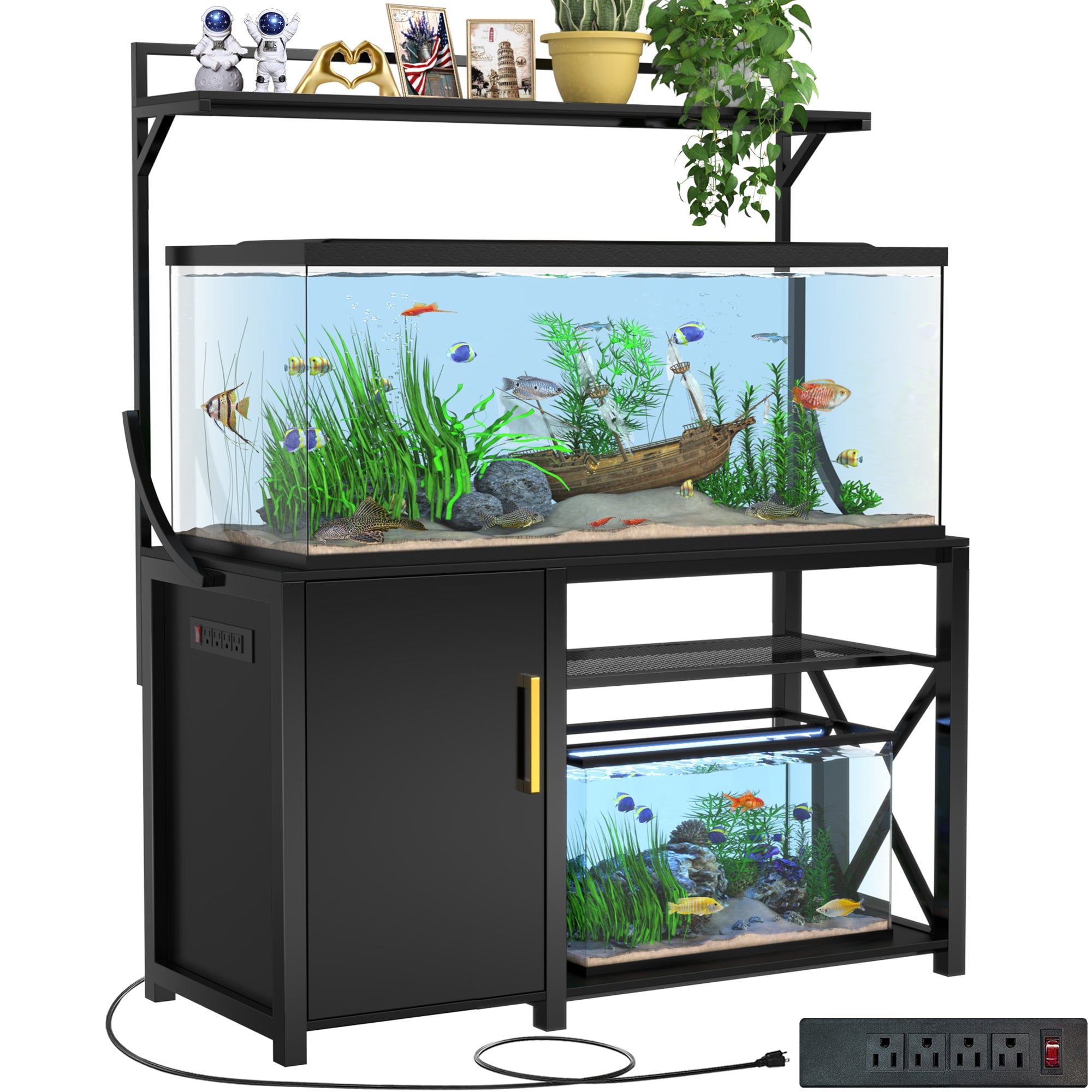 Black Metal 55-75 Gallon Aquarium Stand with Cabinet and Power Outlet