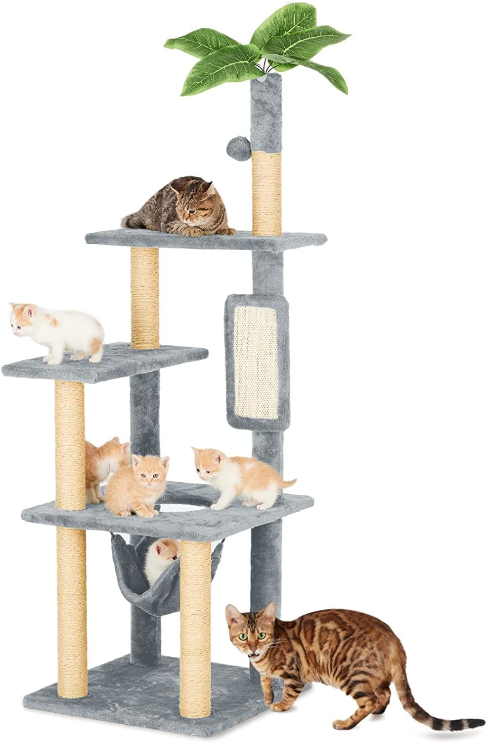 55" Multi-Level Cat Tree with Hammock and Green Leaves