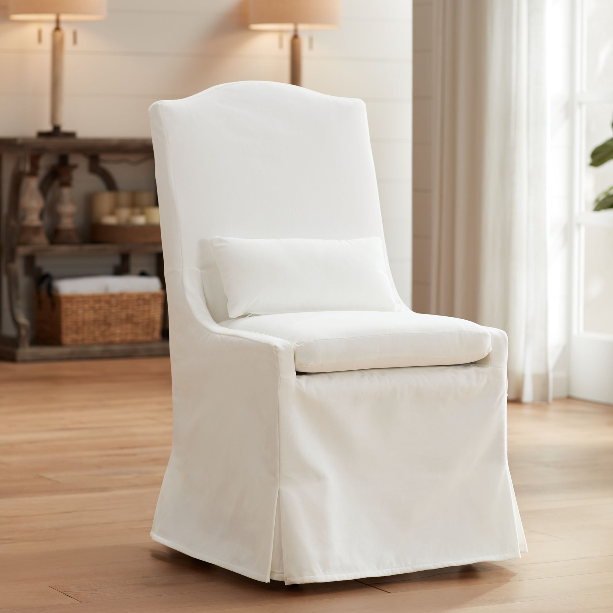 Beige Upholstered Slipcover Dining Chair with Lumbar Pillow