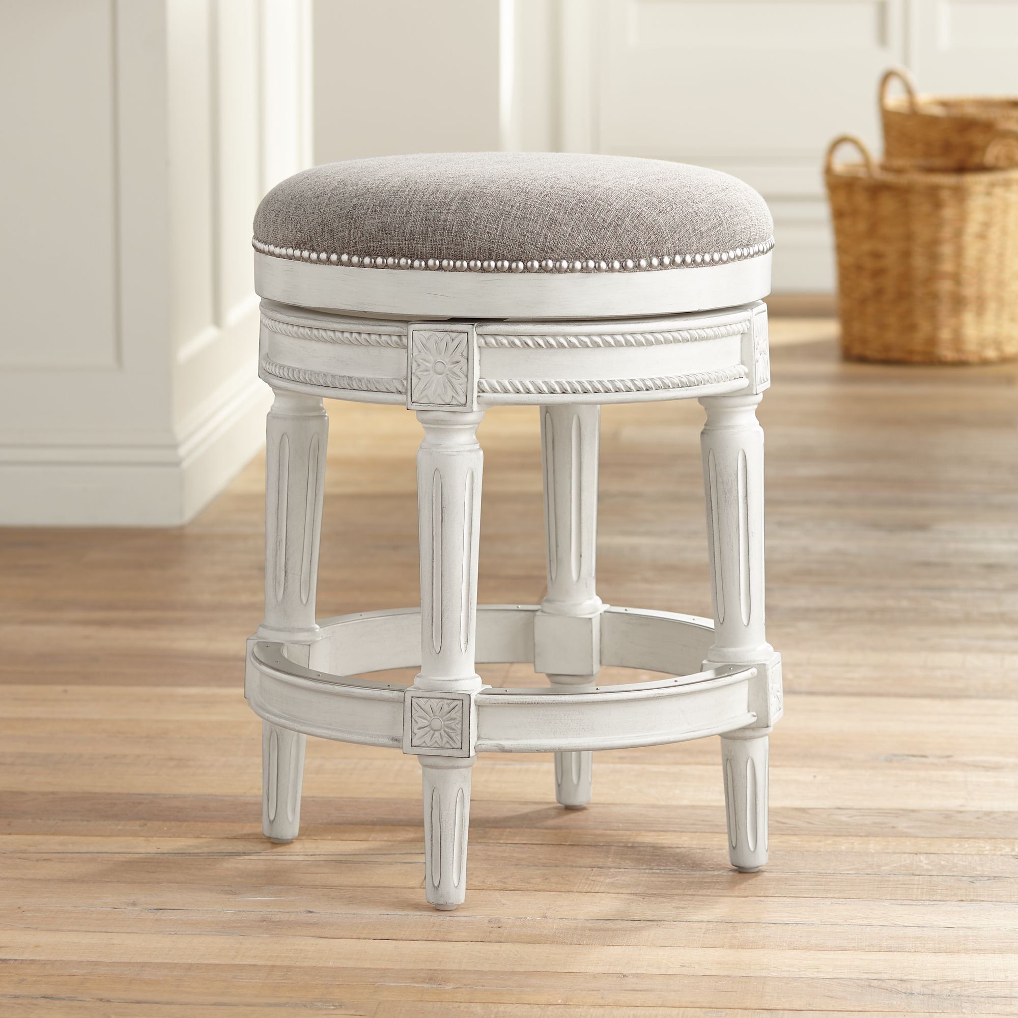 Vintage Gray Pewter Fabric Swivel Counter Stool with Memory Return