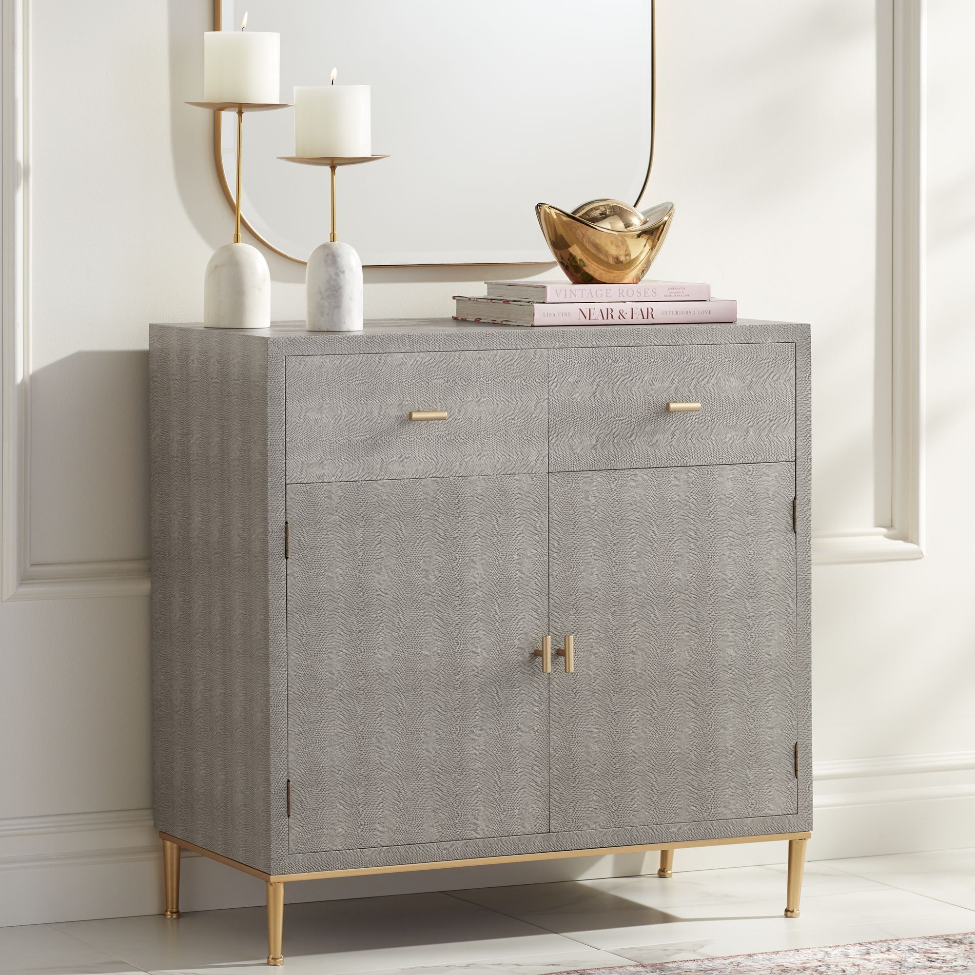 Sands Point Gray and Gold 2-Drawer Modern Cabinet