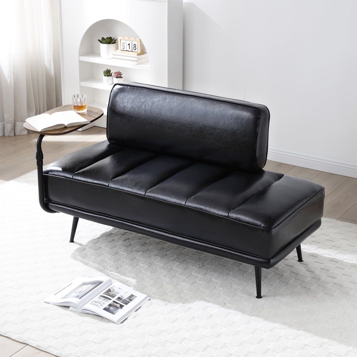 55" Black Tufted Faux Leather Sleeper Bench with Swivel Tray