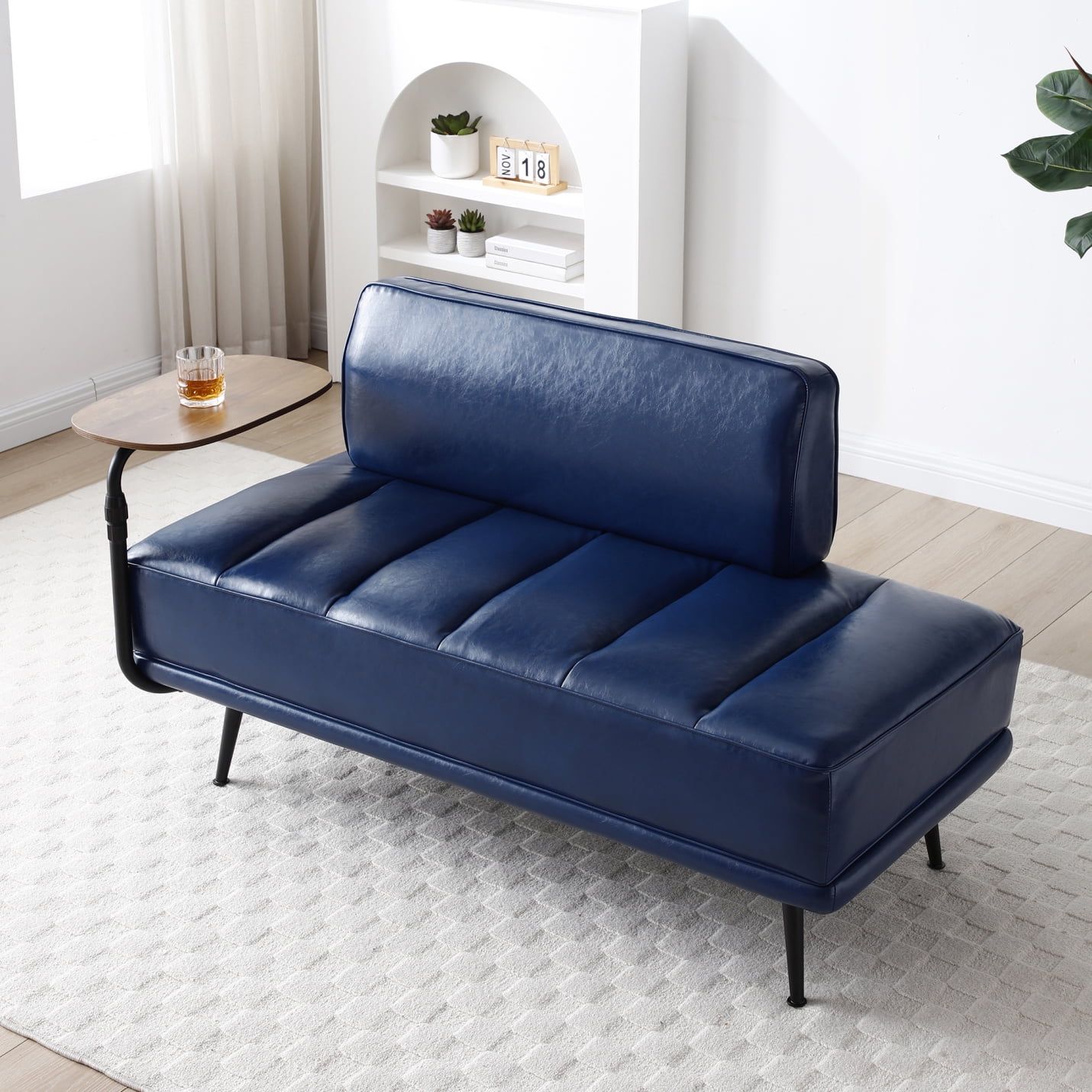 55" Blue Faux Leather Tufted Sleeper Bench with Swivel Tray