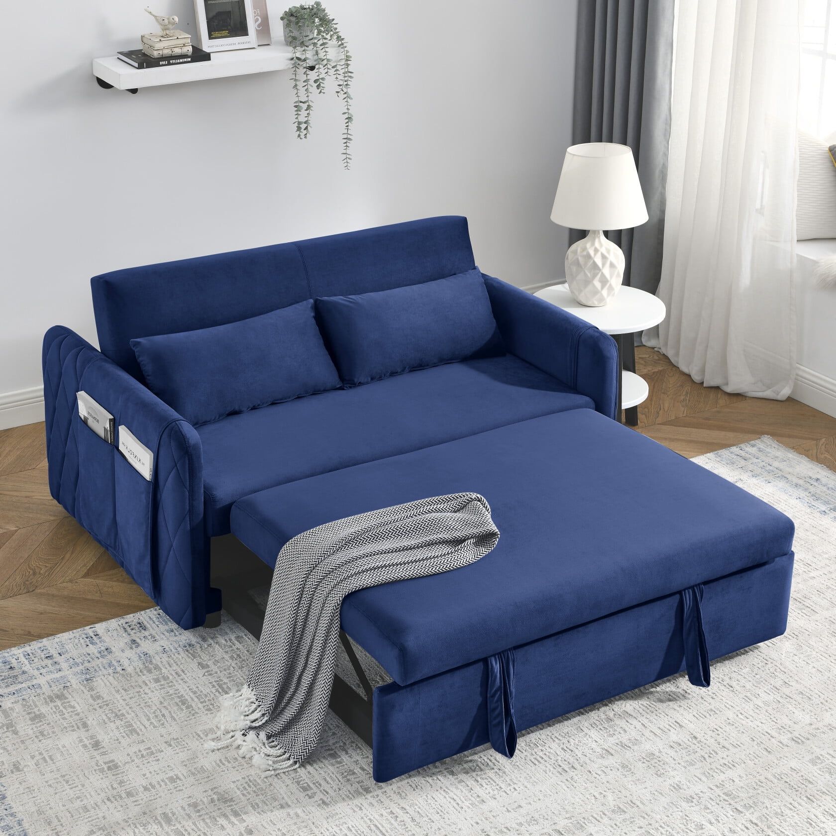 55" Blue Velvet Convertible Sleeper Sofa with Storage and Pillows