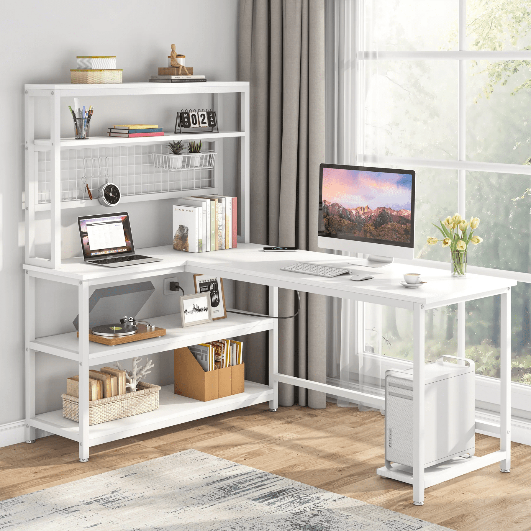 55'' White L-Shaped Corner Desk with Shelves and Wireless Charging