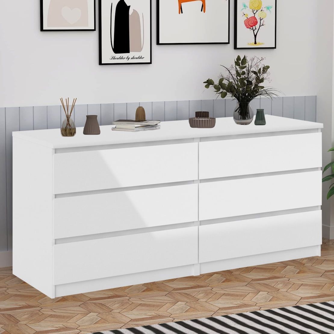 White Double Dresser with Mirror and Deep Drawers