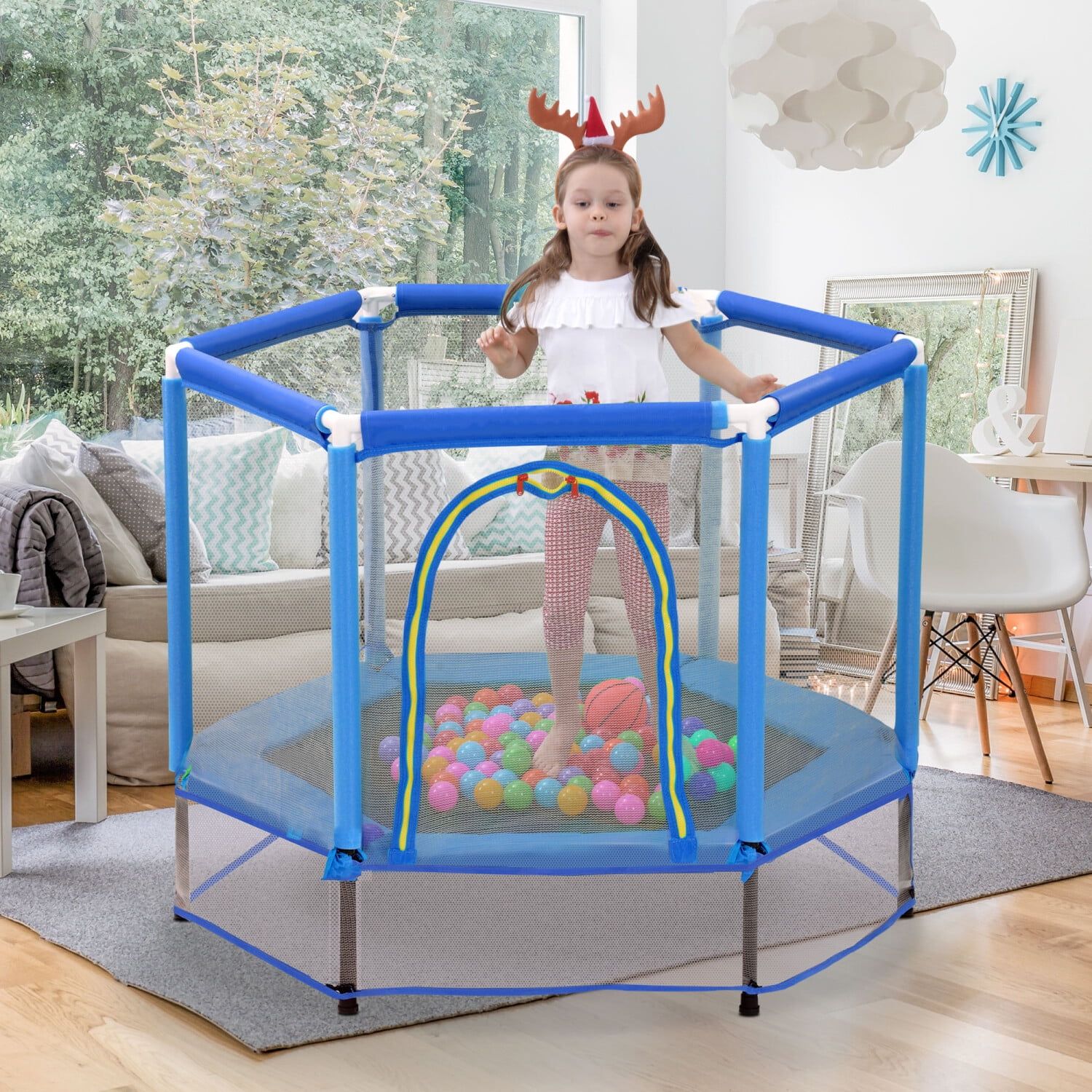 55'' Blue Kids' Trampoline with Safety Enclosure and Balls