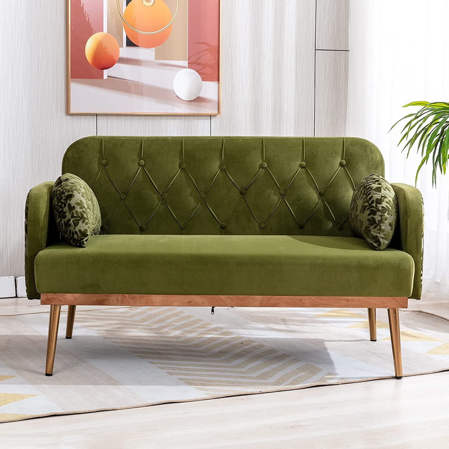 Green Velvet Twin Size Loveseat with Golden Metal Legs