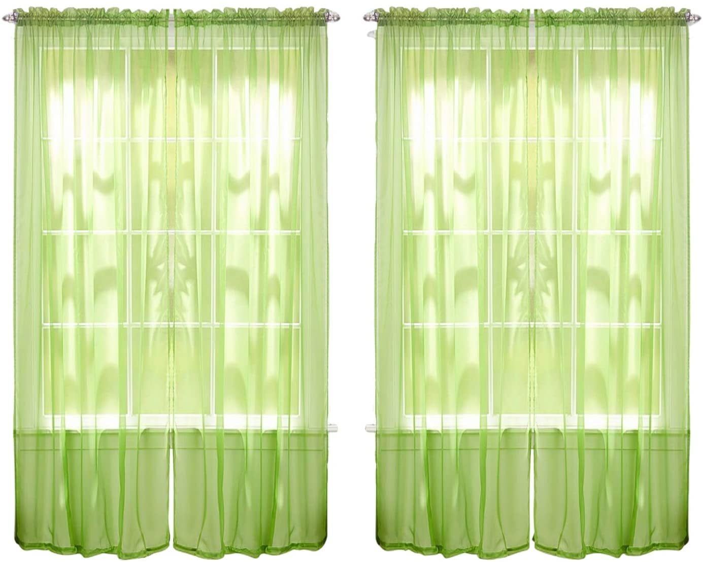 Lime Green Sheer Polyester Rod Pocket Window Drapes, Set of 4