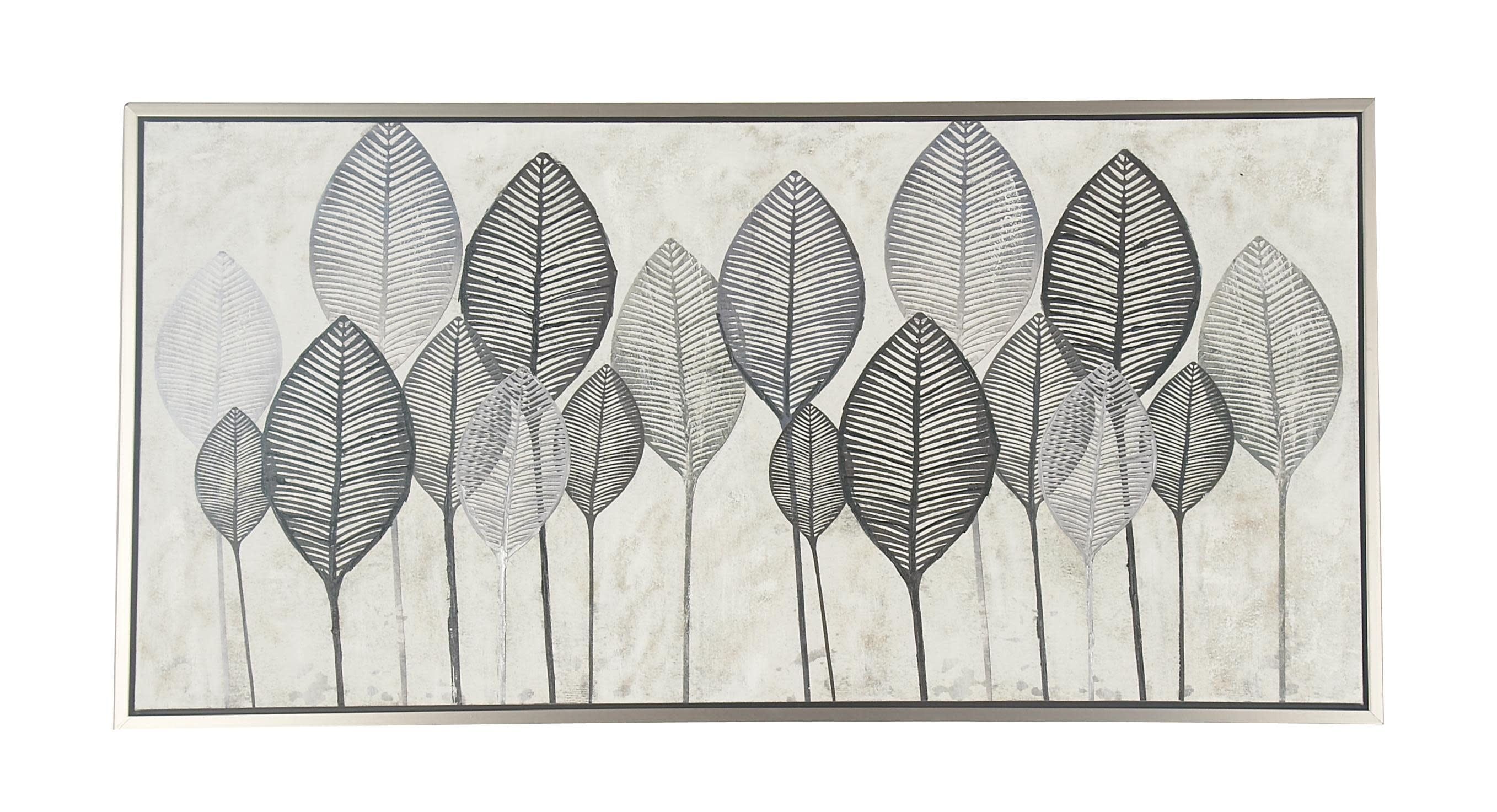 55" x 27" Black and White Leaf Canvas Wall Art with Silver Frame