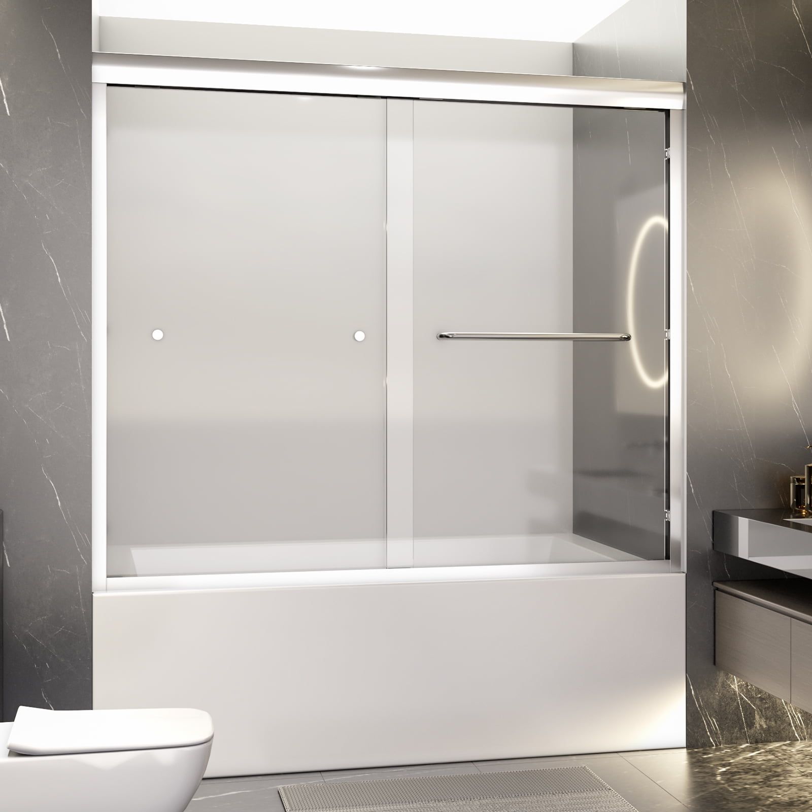 Chrome Semi-Frameless Double Sliding Tub Door with Clear Glass