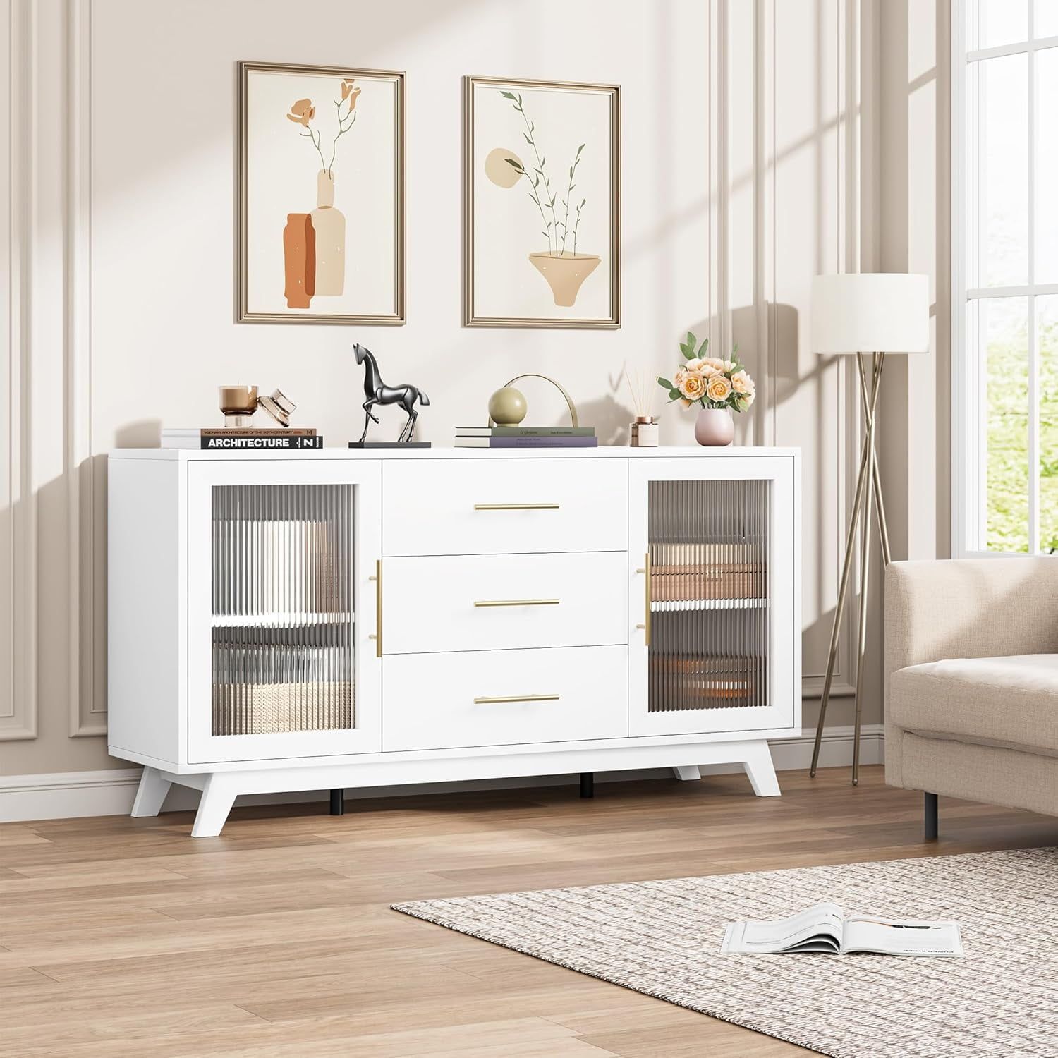 56" White Sideboard Buffet Cabinet with Natural Top and Fluted Glass Doors