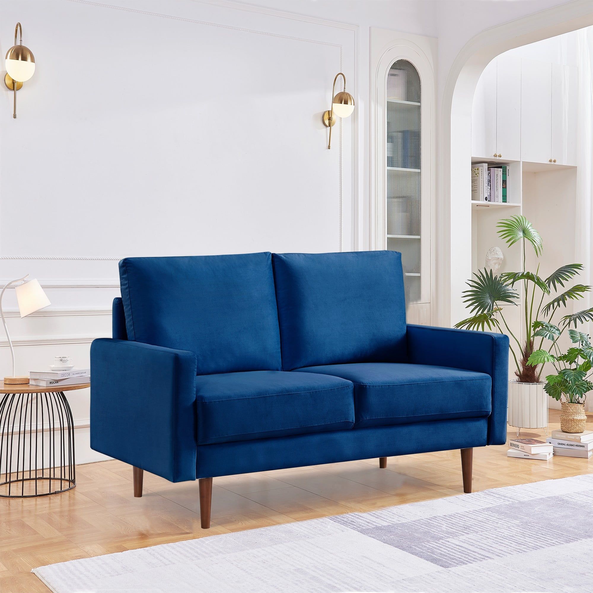 Modern Blue Velvet 57" Loveseat with Square Arms