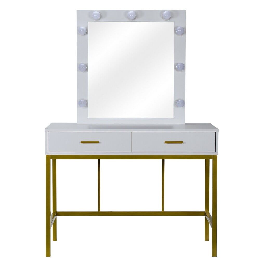 White and Gold Vanity Dressing Table with Mirror and Drawers