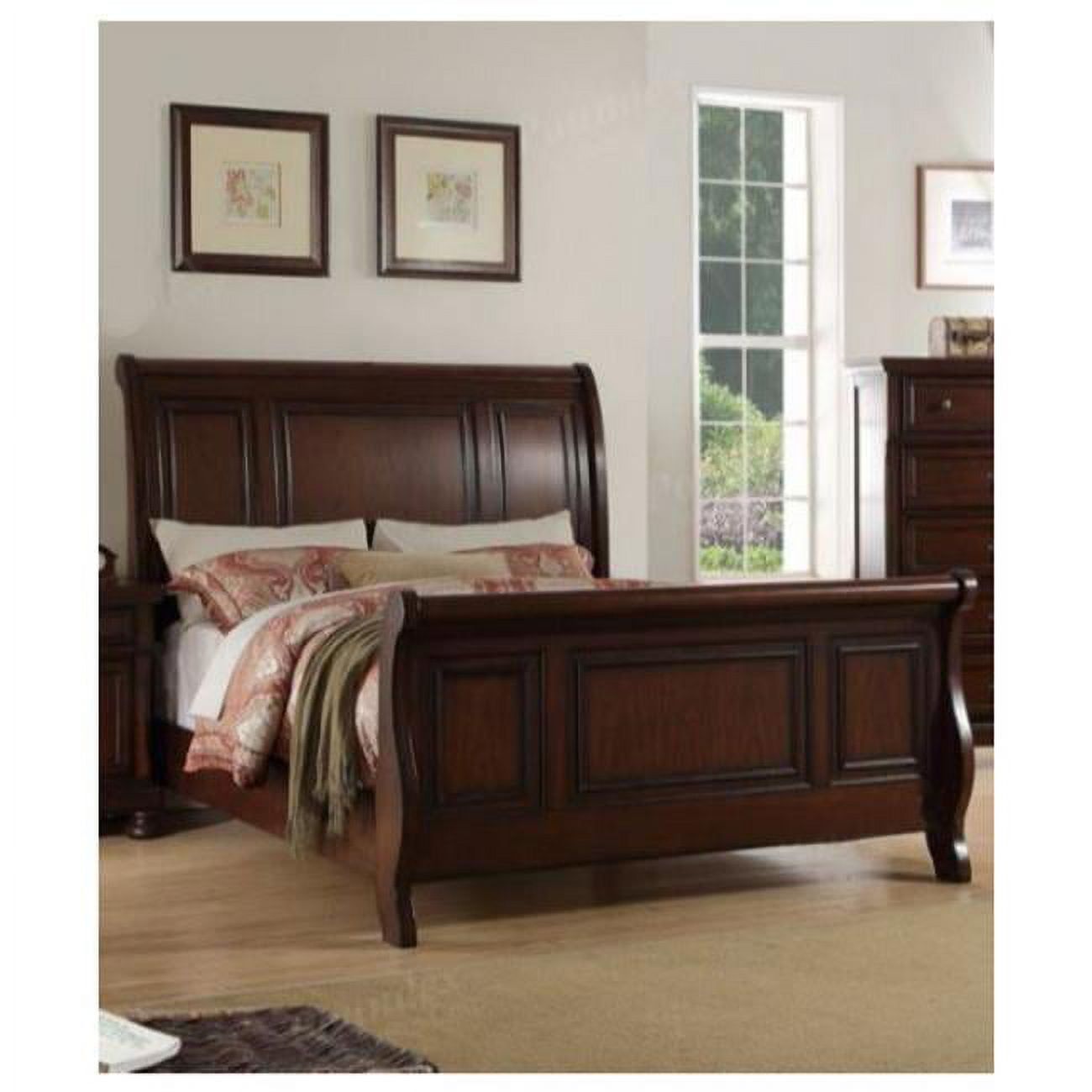 Classic Sleigh Queen Bed Frame in Dark Pine with Upholstered Headboard