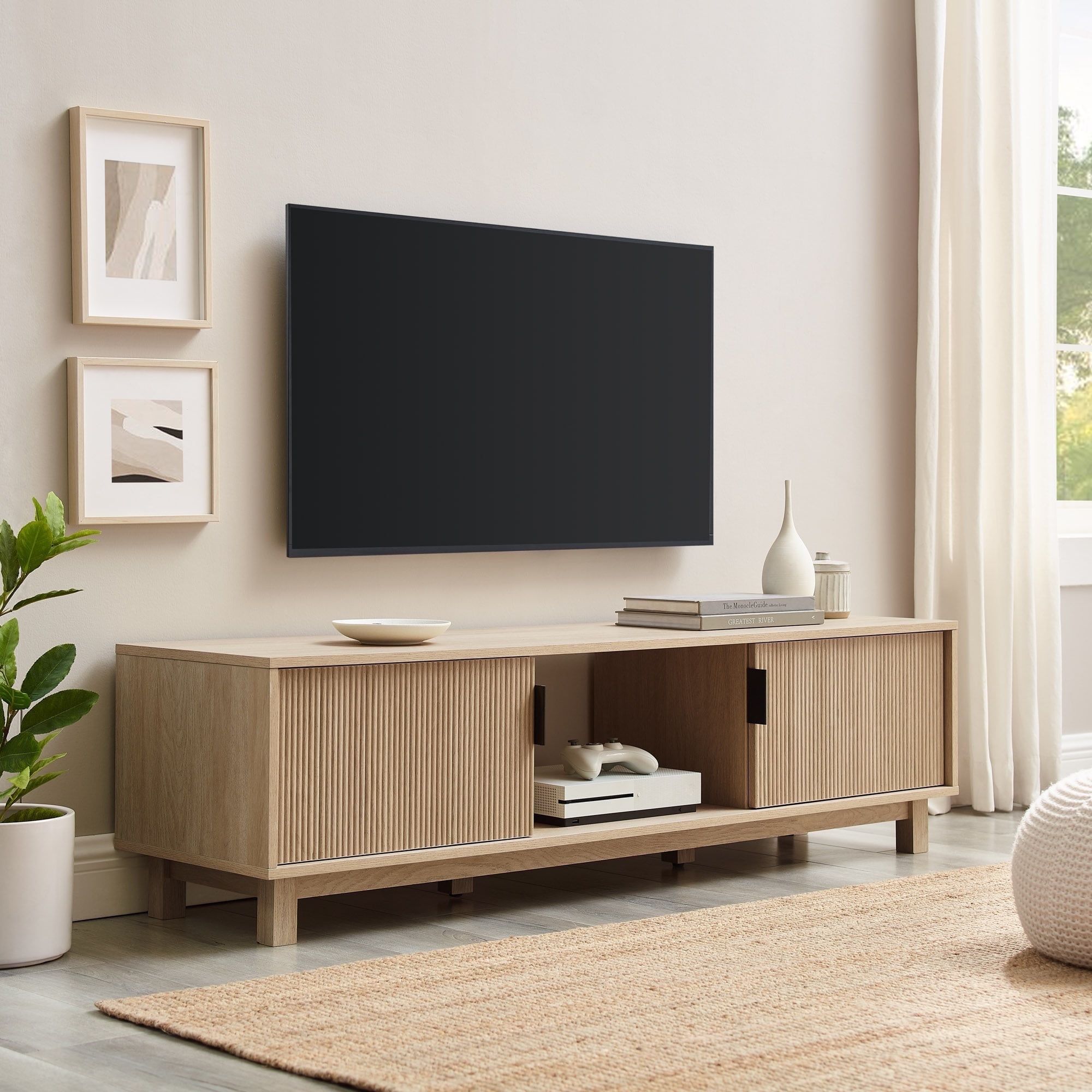 58" Coastal Oak 2-Door TV Stand with Reeded Fronts