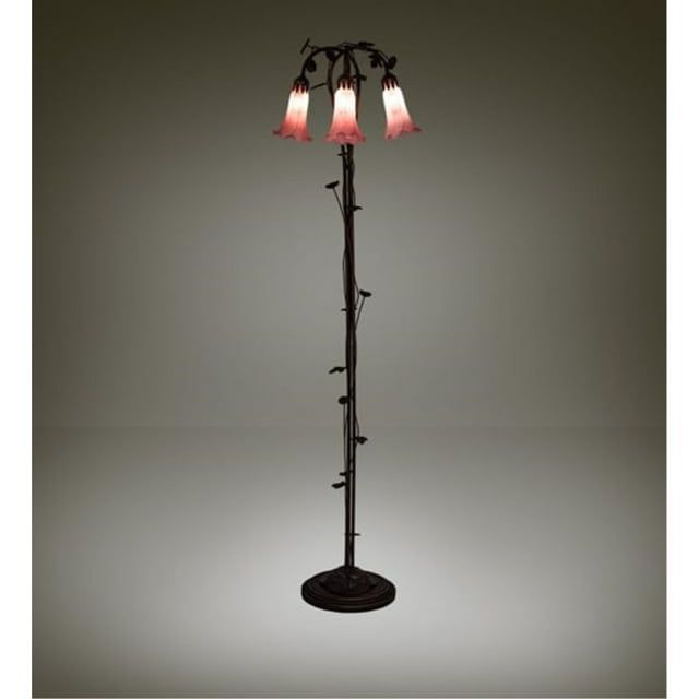 Mahogany Bronze Arc Floor Lamp with Pink Stained Glass Shades