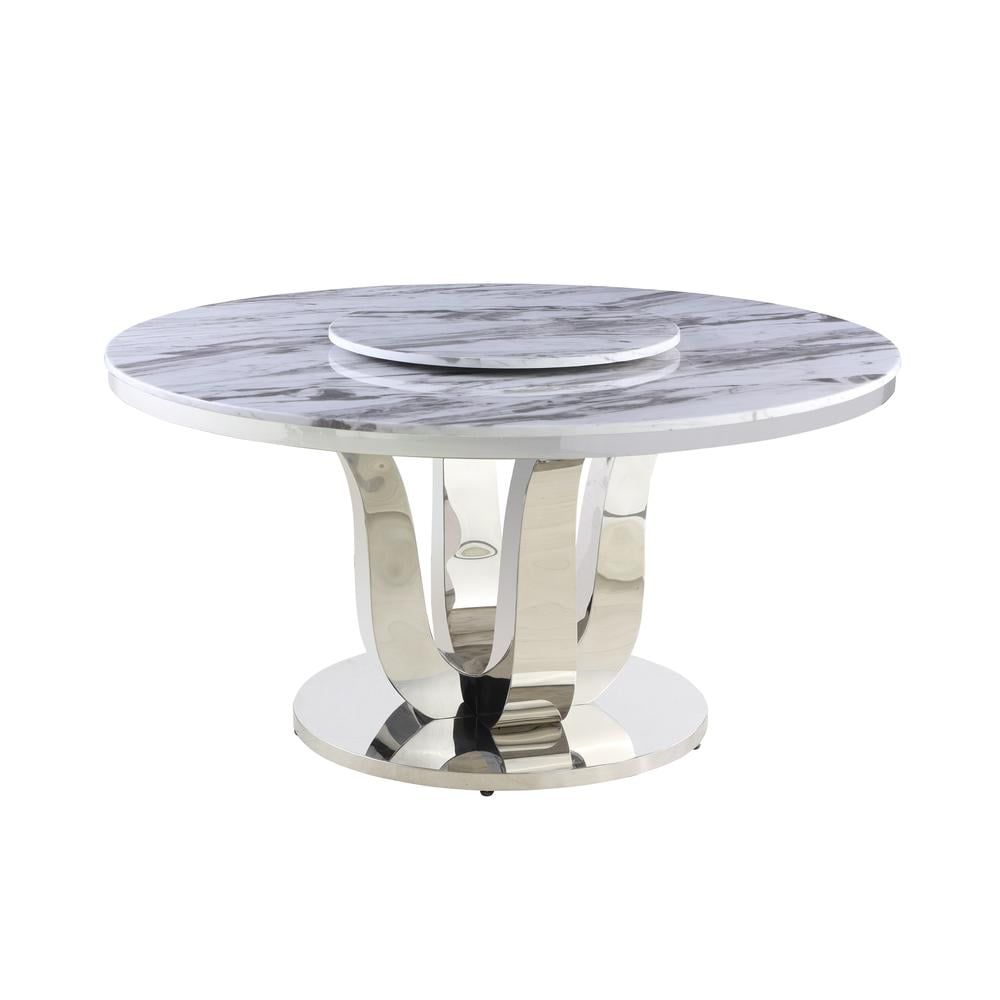 58" Round White Marble Dining Table with Lazy Susan and Stainless Steel Base