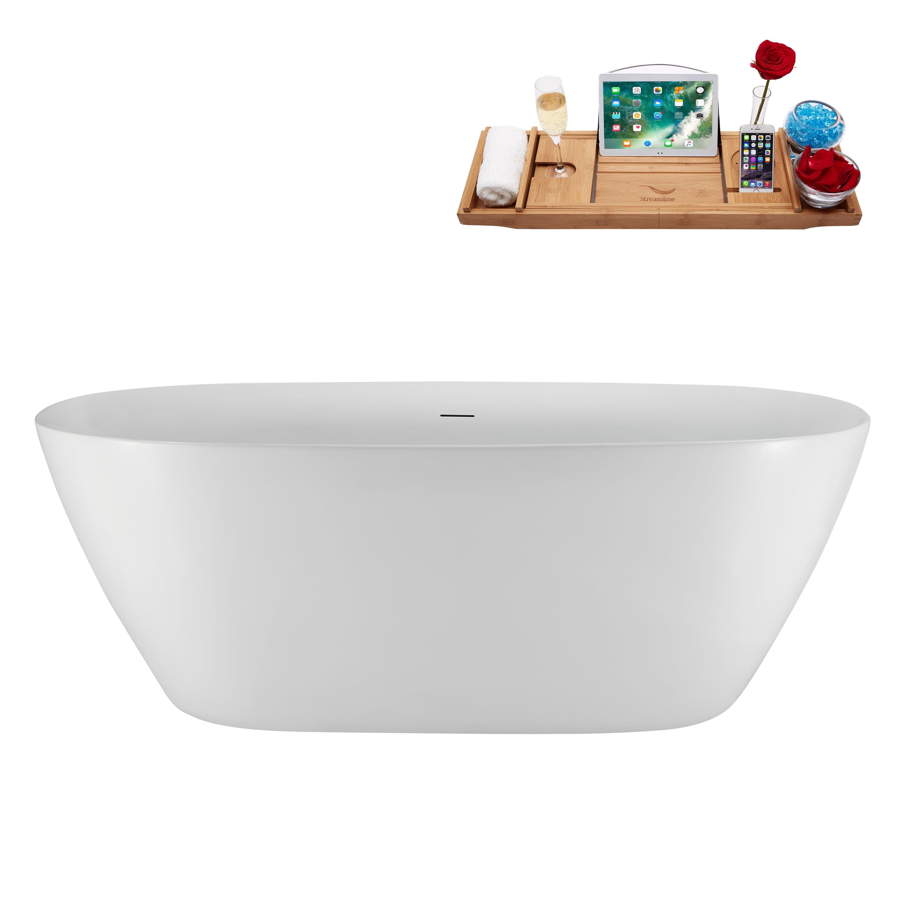 59" Glossy White Acrylic Freestanding Soaking Tub with Matte Black Trim