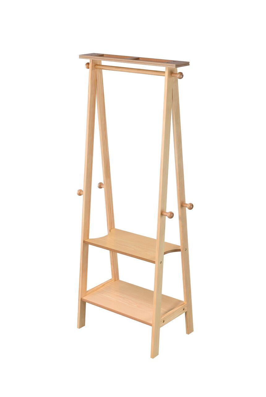 Natural Rubberwood Freestanding Garment Rack with Shelves and Hooks