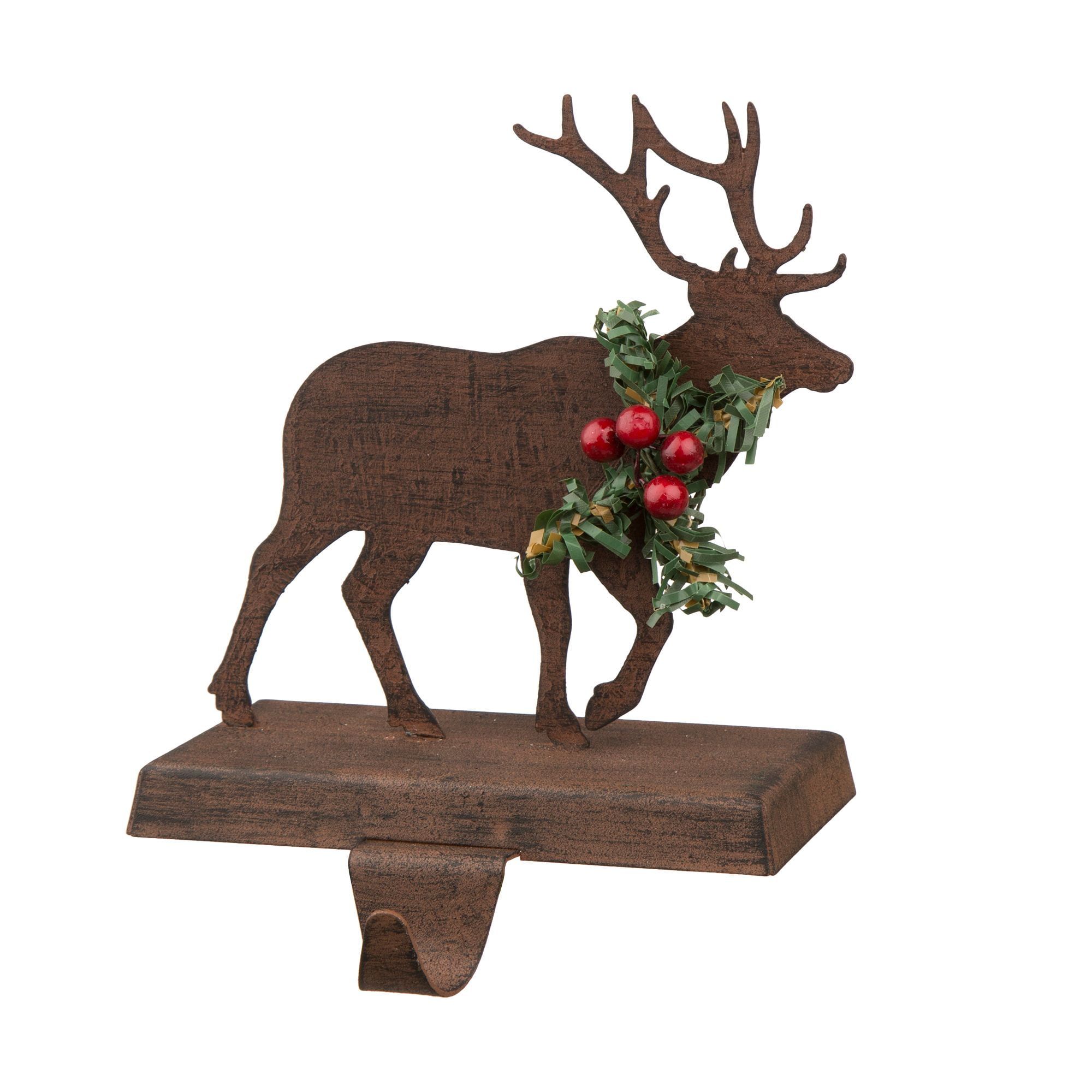 6.5" Brown and Green Wooden and Metal Reindeer Stocking Holder