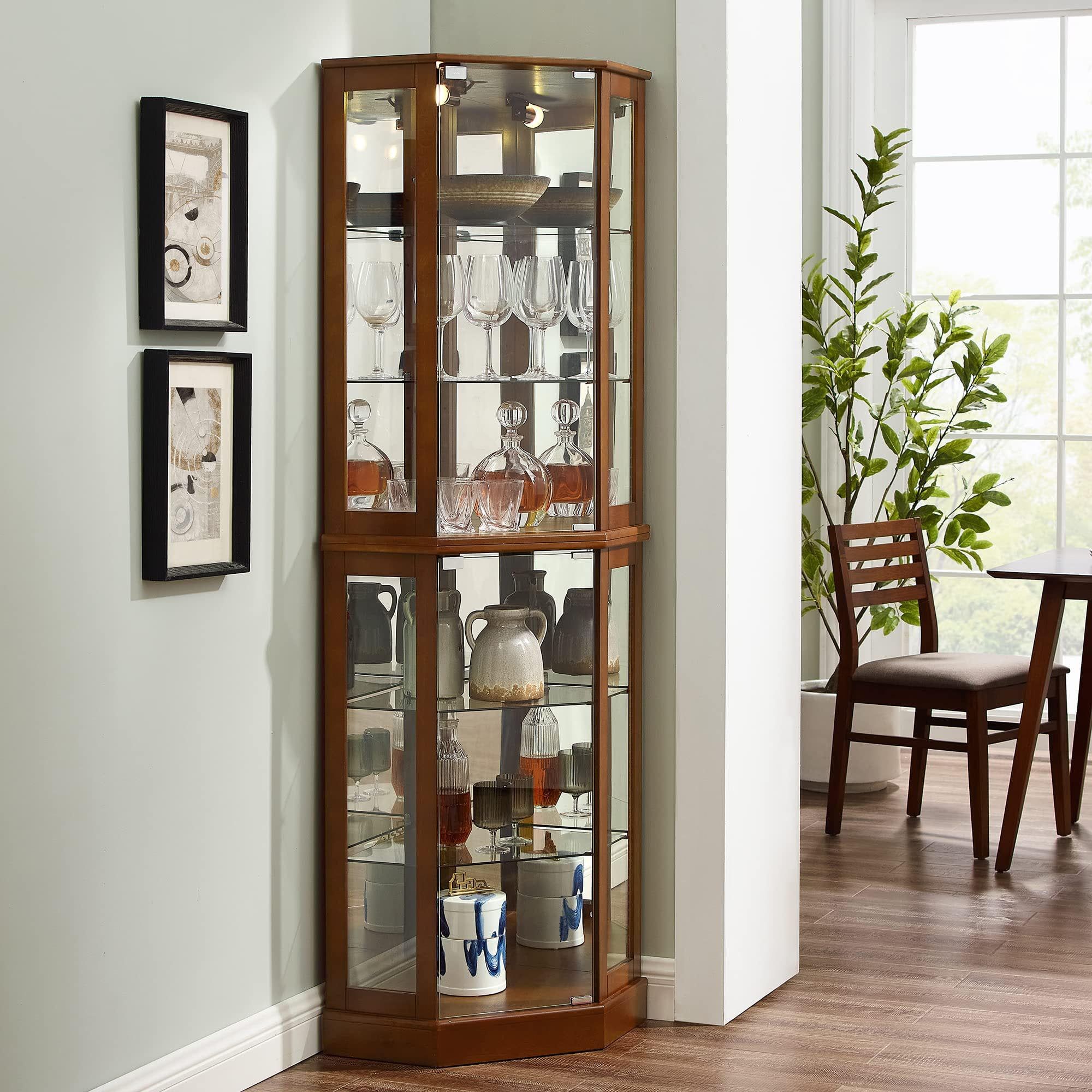 Walnut and Cherry Lighted Corner Curio Cabinet with Glass Shelves