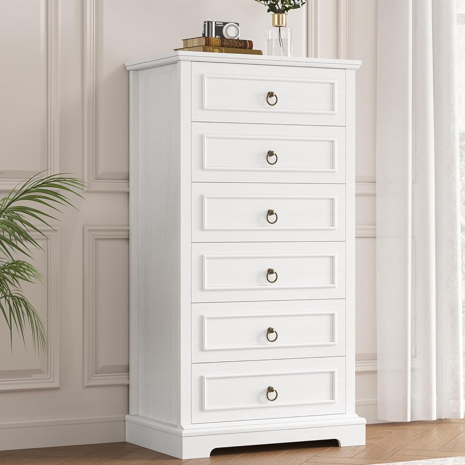 White Vertical Farmhouse 6-Drawer Dresser with Antique Bronze Hardware