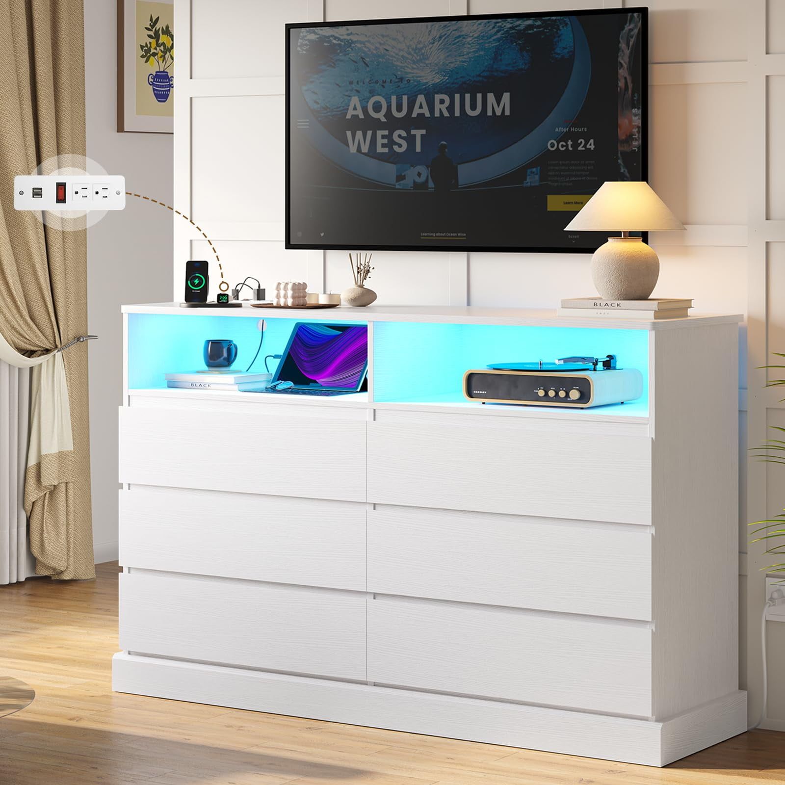 White Mid-Century Modern 6-Drawer Dresser with LED Lights and Charging Station