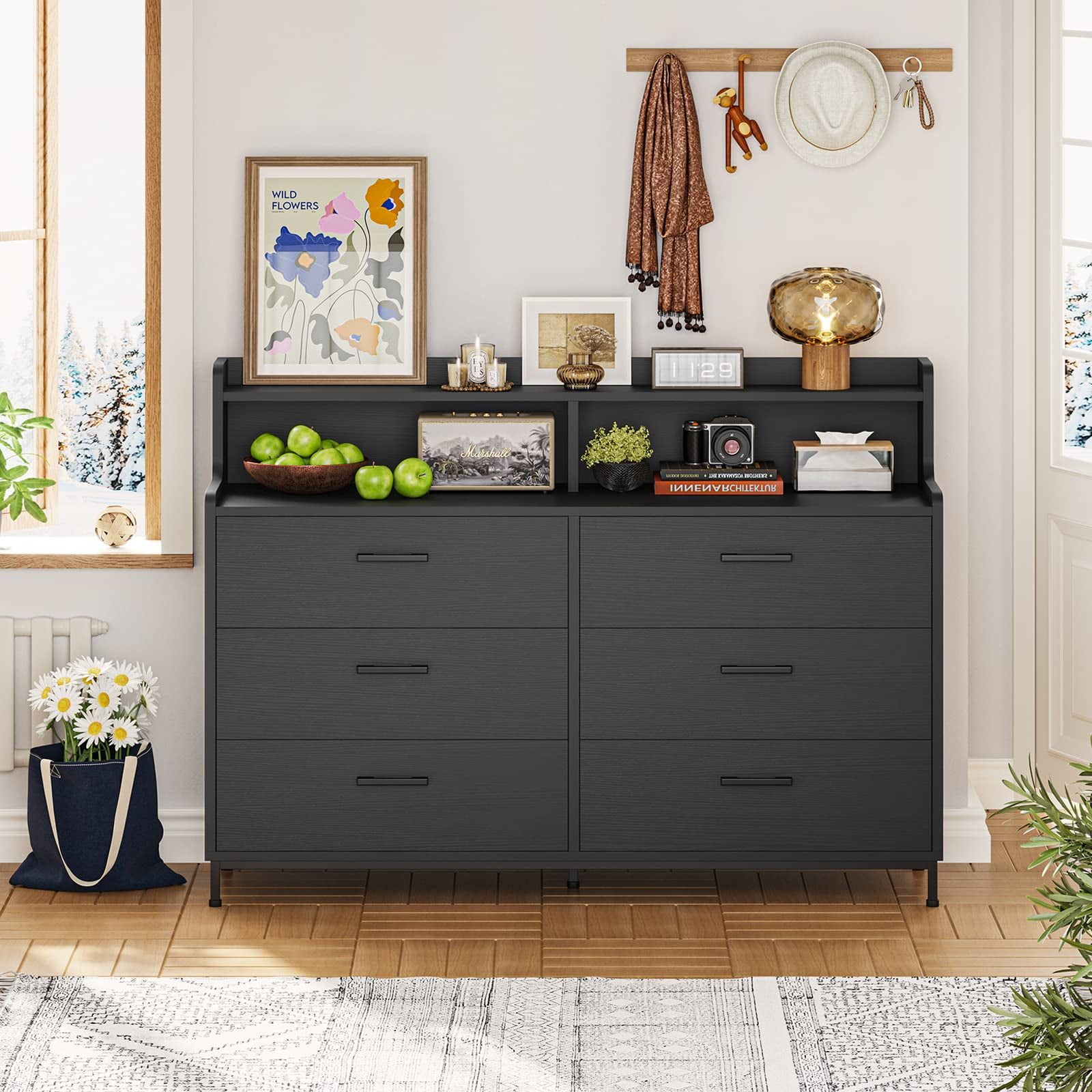 Black Double Dresser with Shelves and Levelers