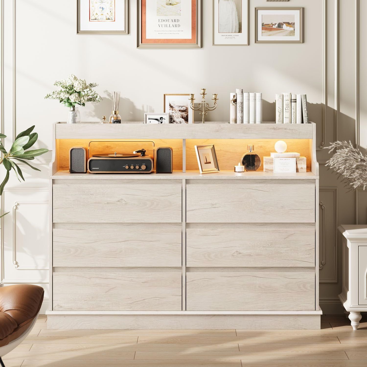 Oak 6-Drawer Dresser with LED Lights and Charging Station